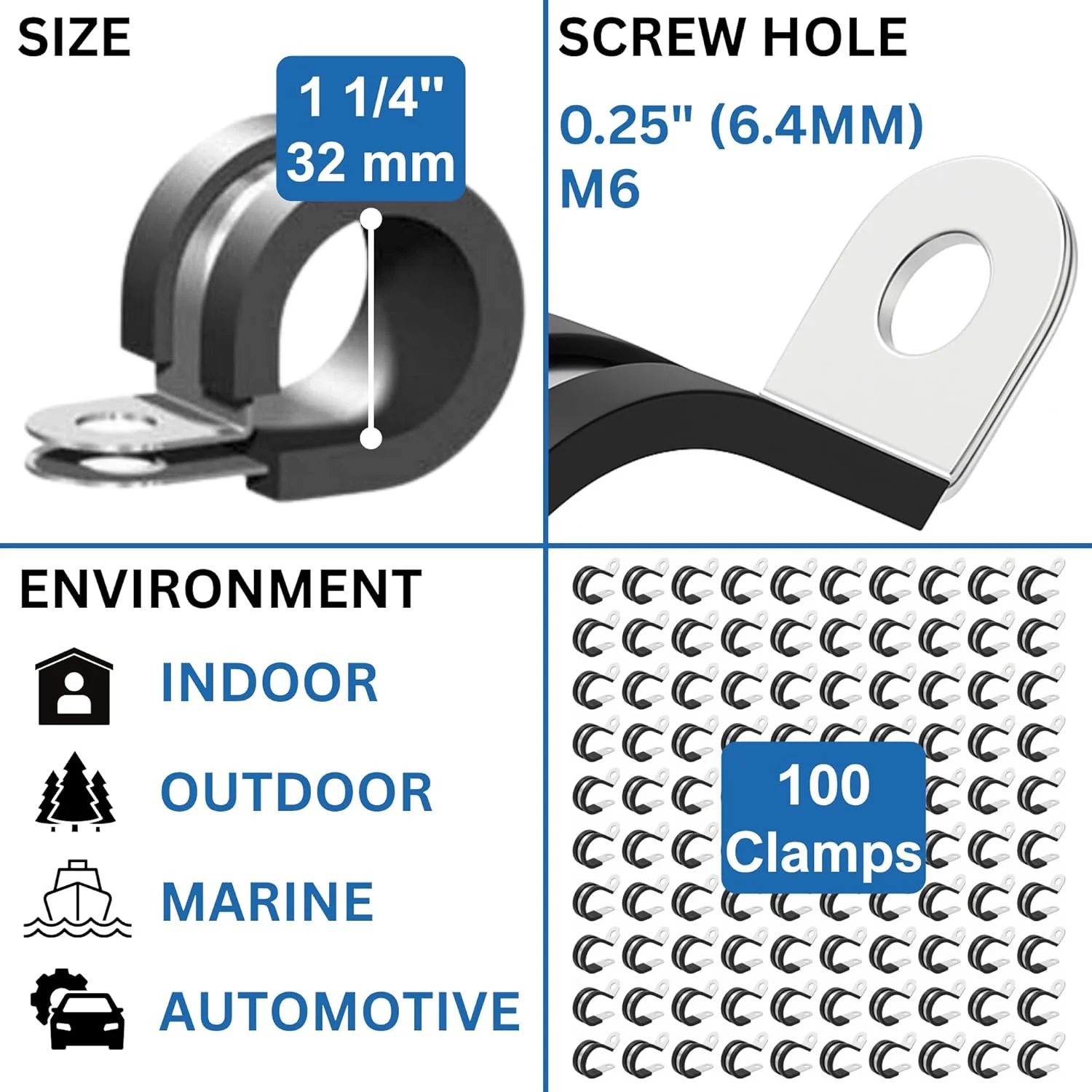 1 1/4" Rubber-Lined 304 Stainless Steel P-Clamp 100/bag - Image 3
