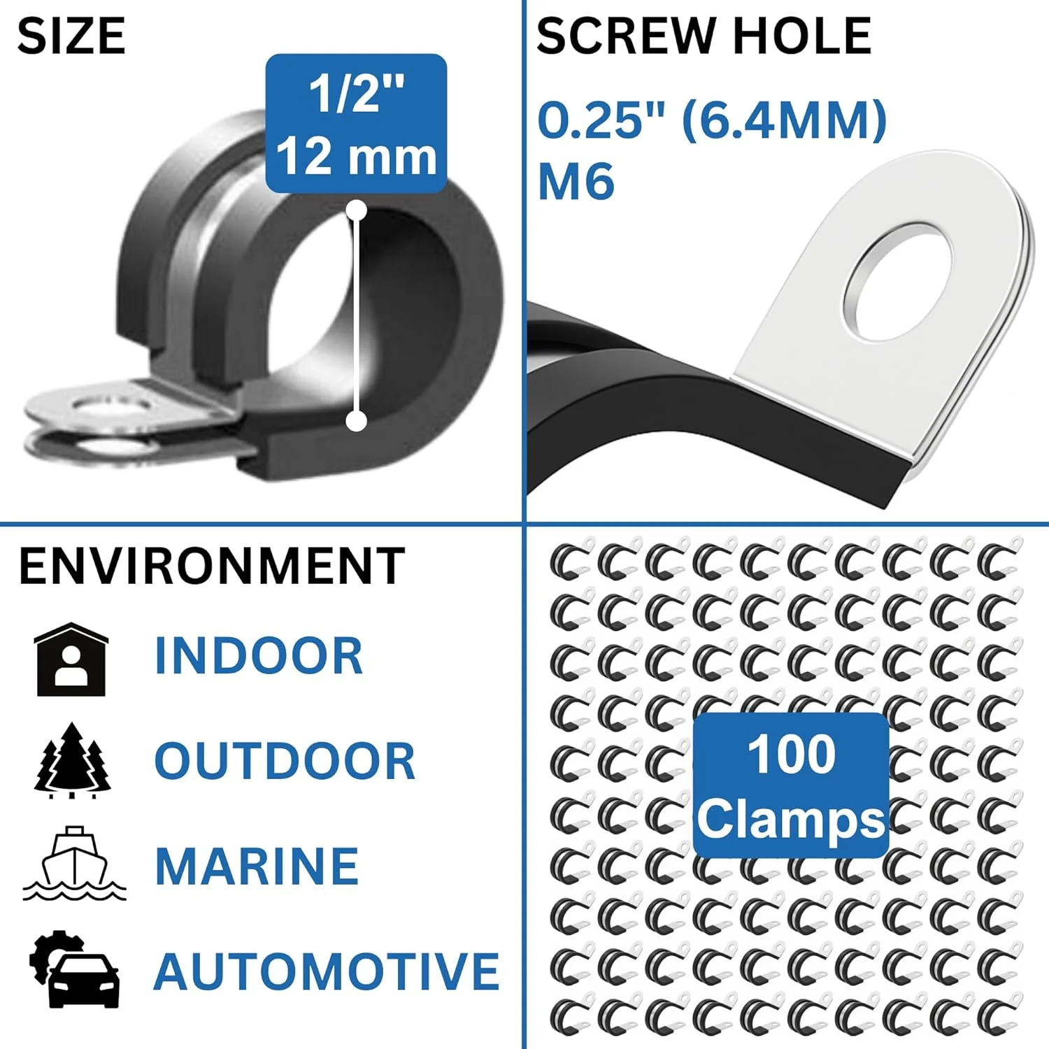 1/2" Rubber-Lined 304 Stainless Steel P-Clamp 100/bag - Image 5