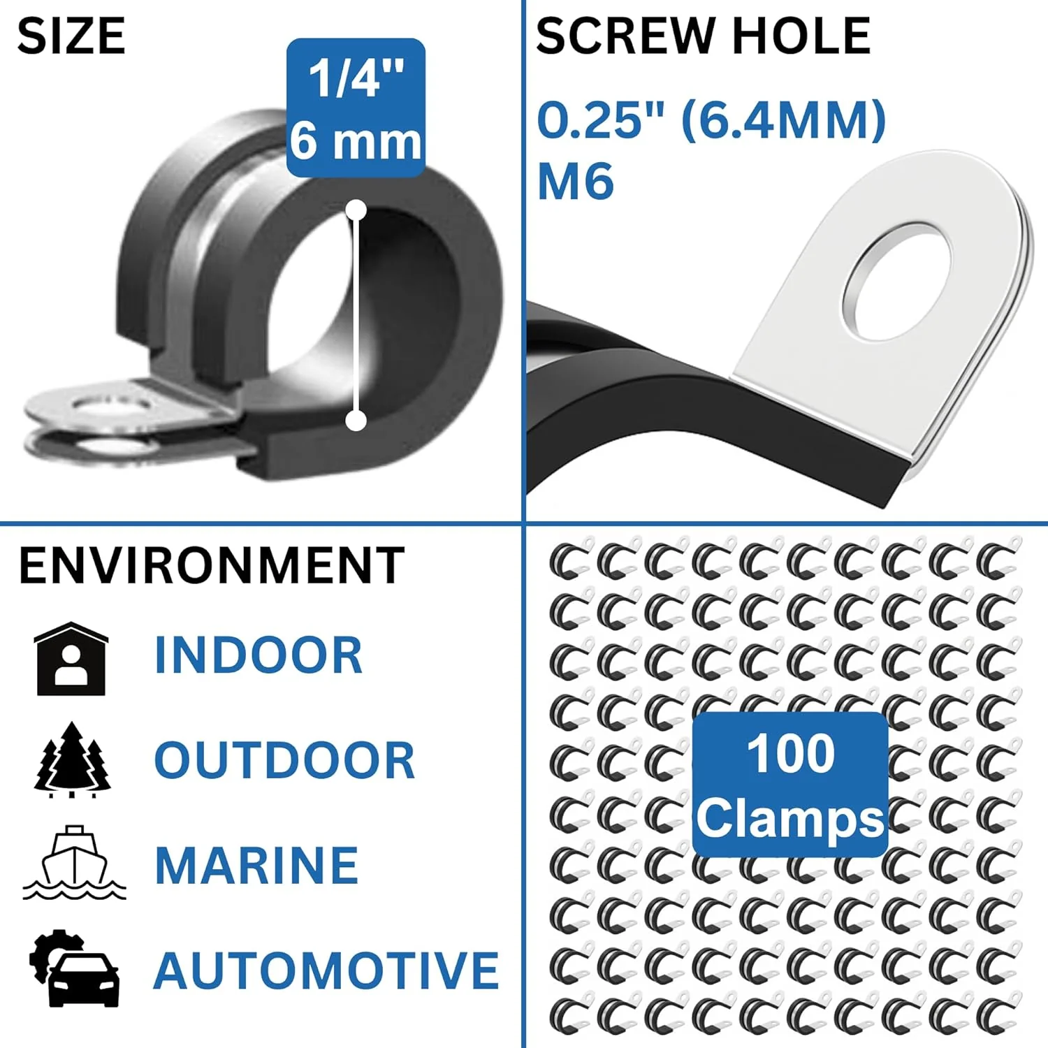 1/4" Rubber-Lined 304 Stainless Steel P-Clamp 100/bag - Image 5