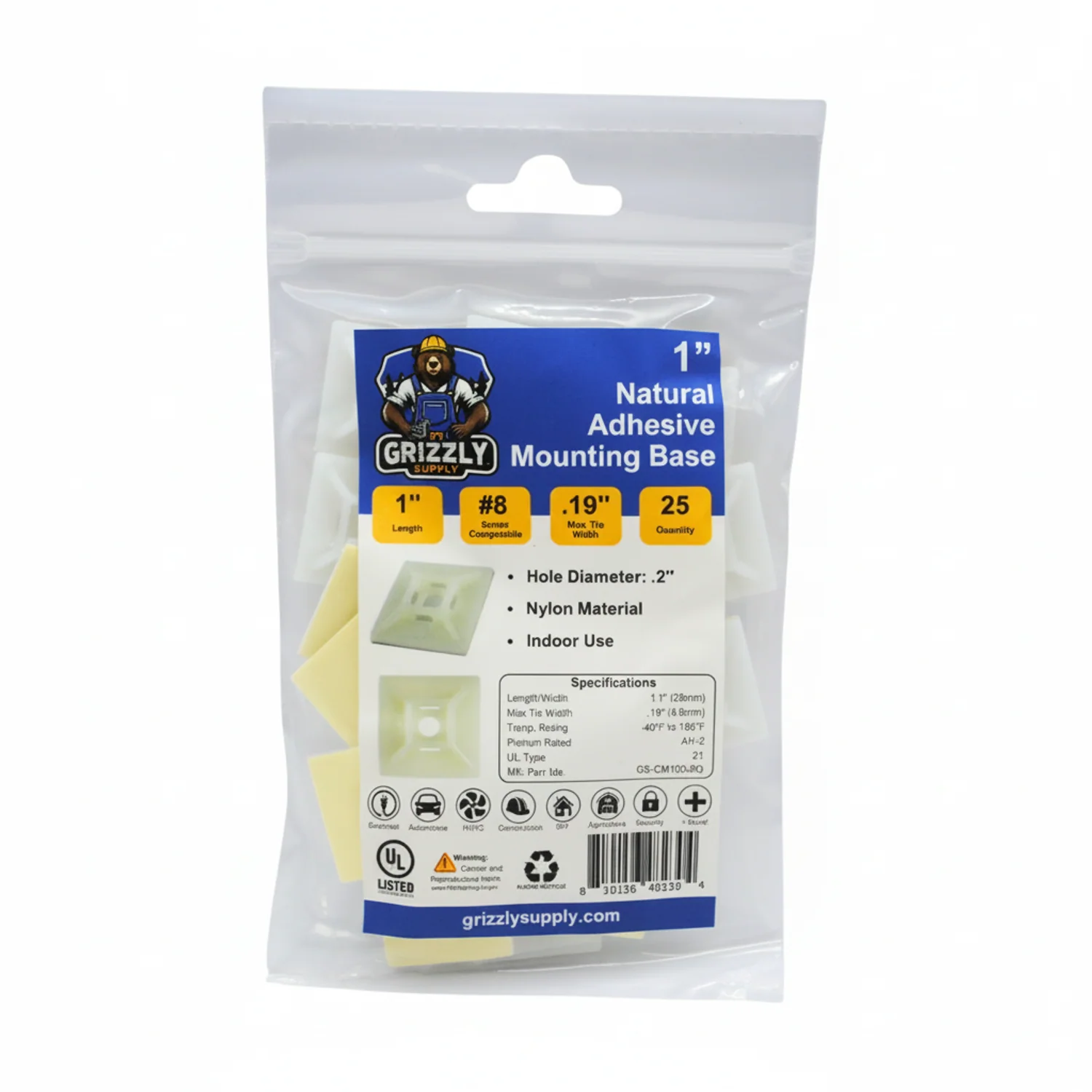 1" Natural 4-Way Adhesive Cable Mounts 25/bag - Image 2