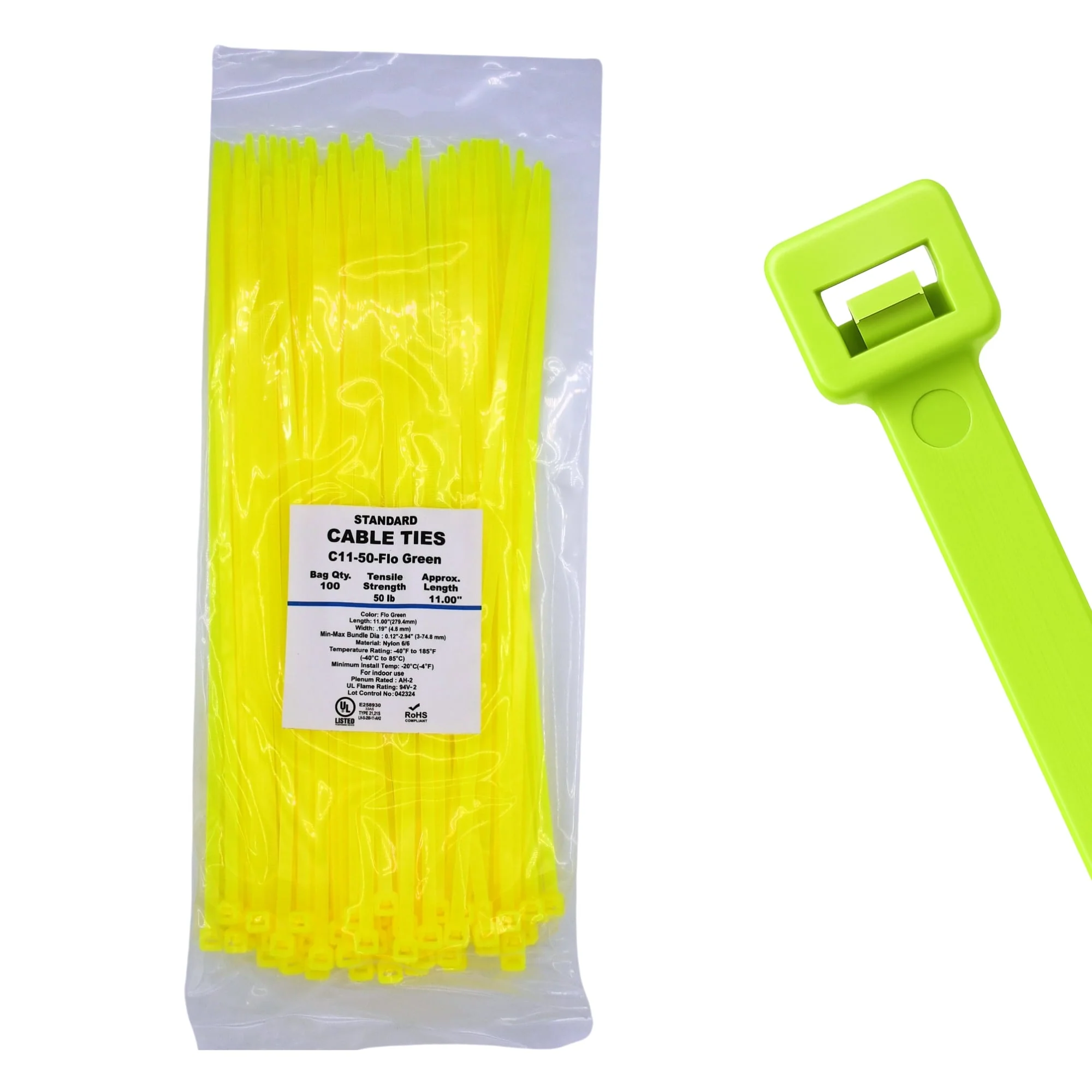 11" 50lb Fluorescent Green Cable Ties / Zip Ties 100/bag Part # C11-50-Flo Green