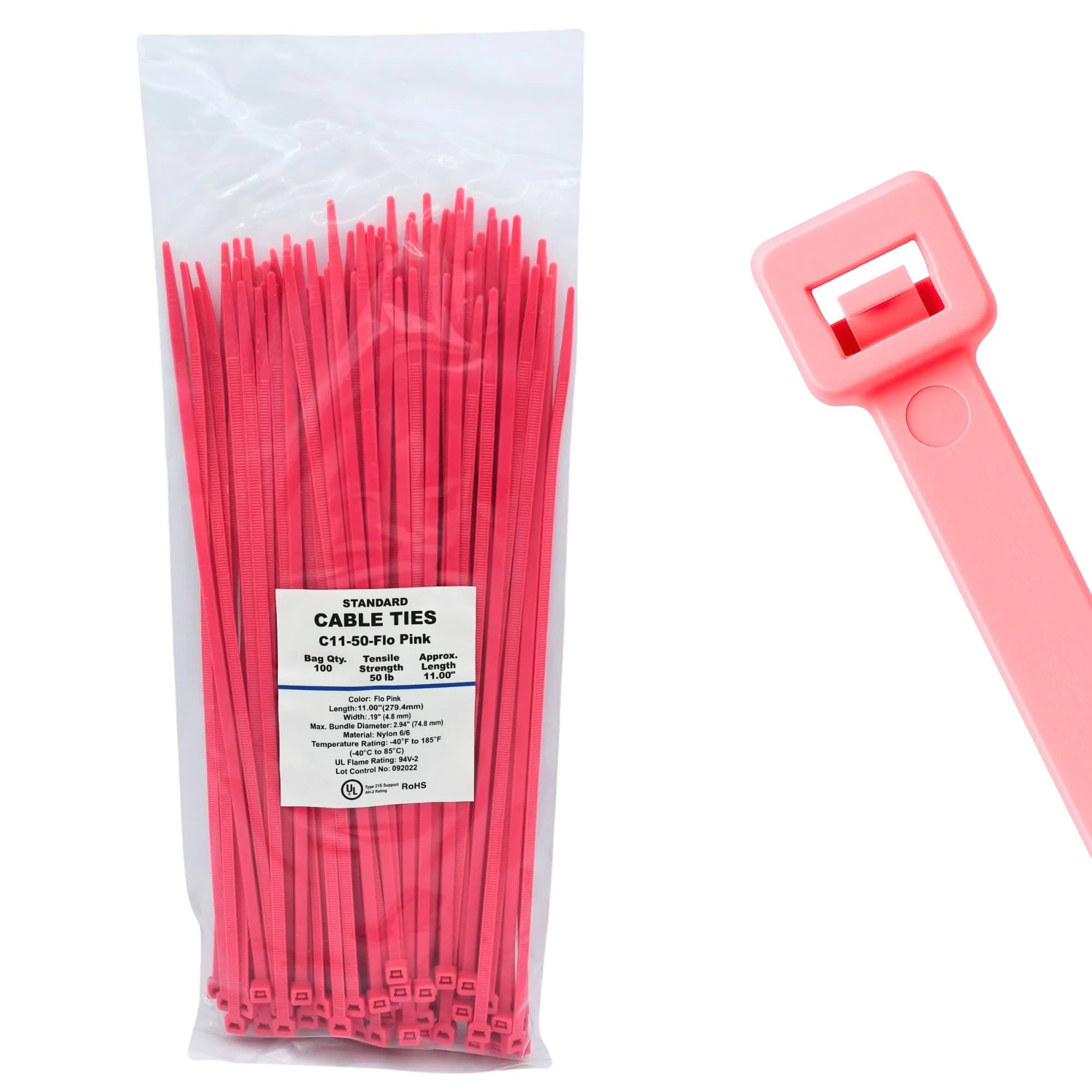 11" 50lb Fluorescent Pink Cable Ties / Zip Ties 100/bag Part # C11-50-Flo Pink