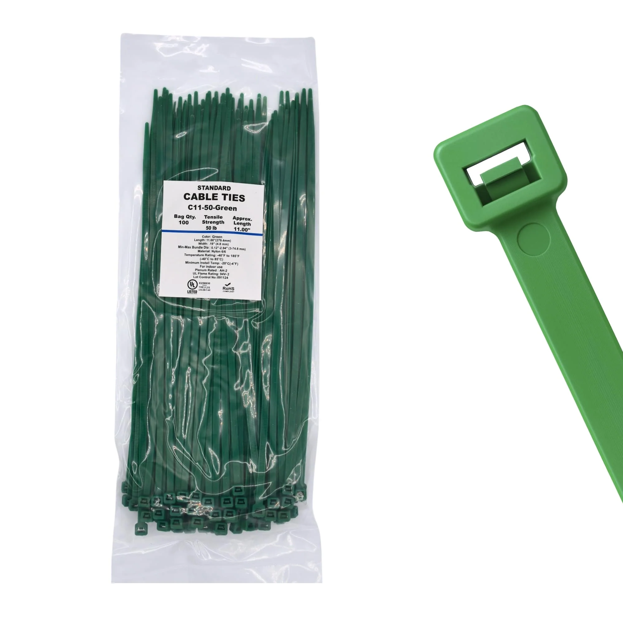 11" 50lb Green Cable Ties / Zip Ties 100/bag Part # C11-50-Green