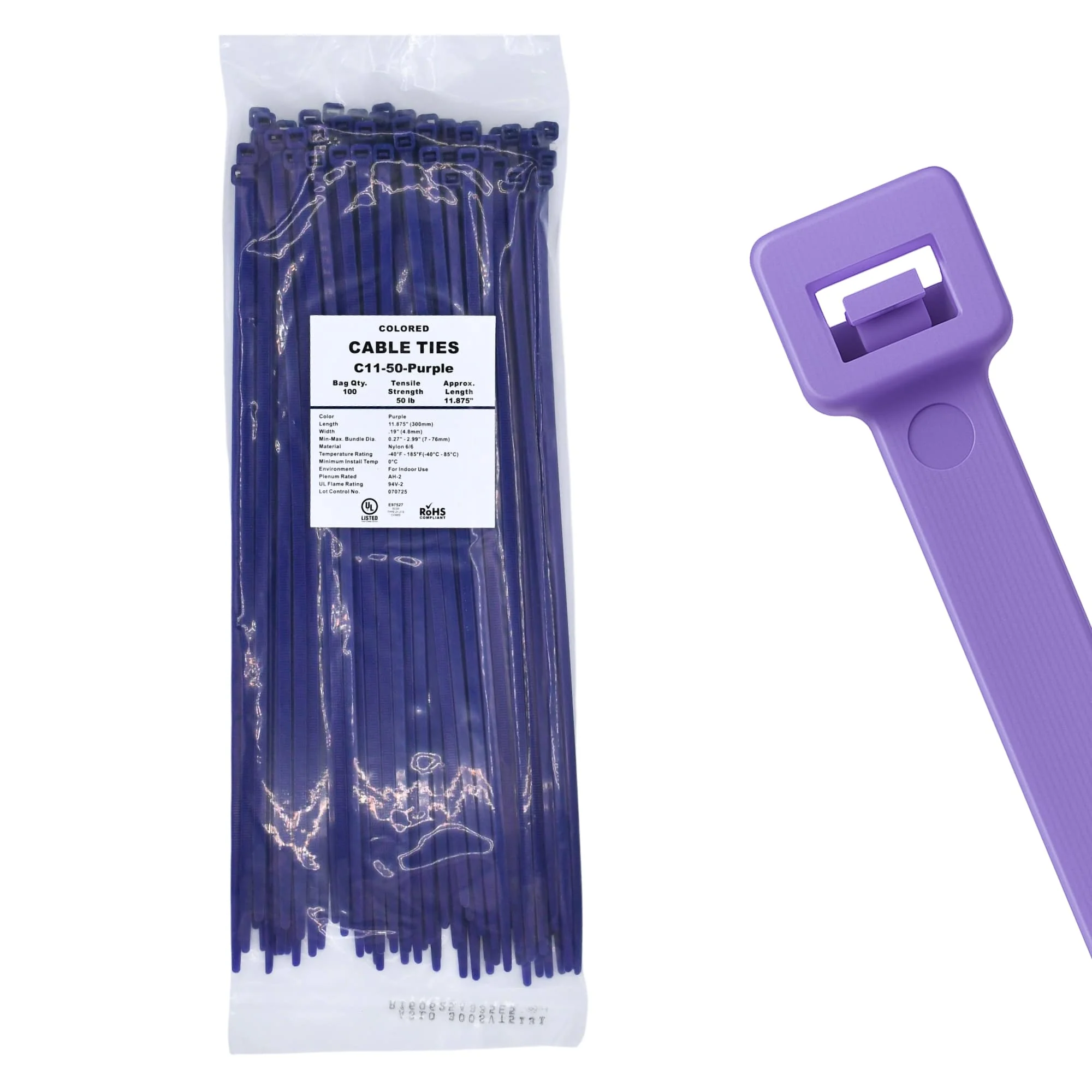 11" 50lb Purple Cable Ties / Zip Ties 100/bag Part # C11-50-Purple