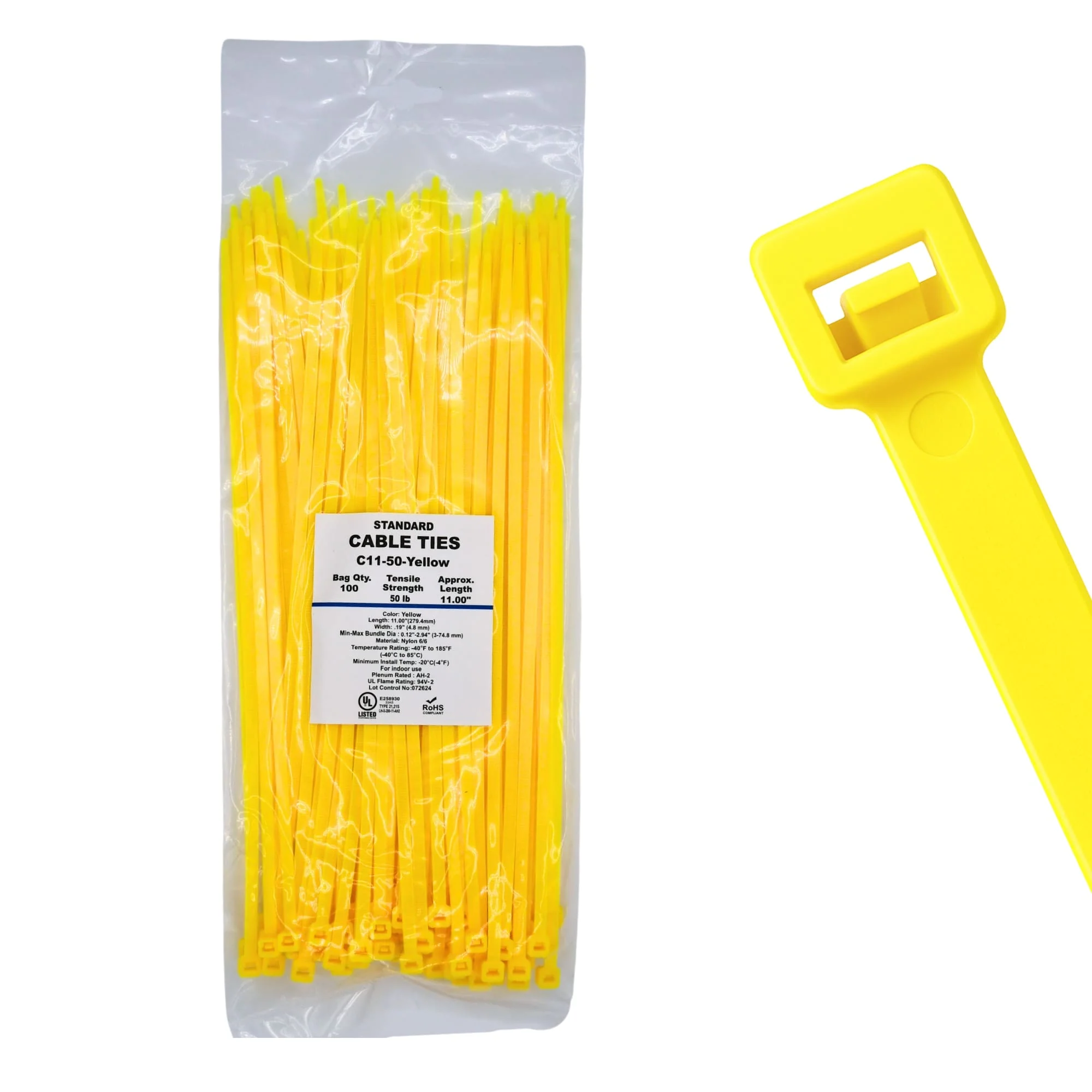 11" 50lb Yellow Cable Ties / Zip Ties 100/bag Part # C11-50-Yellow