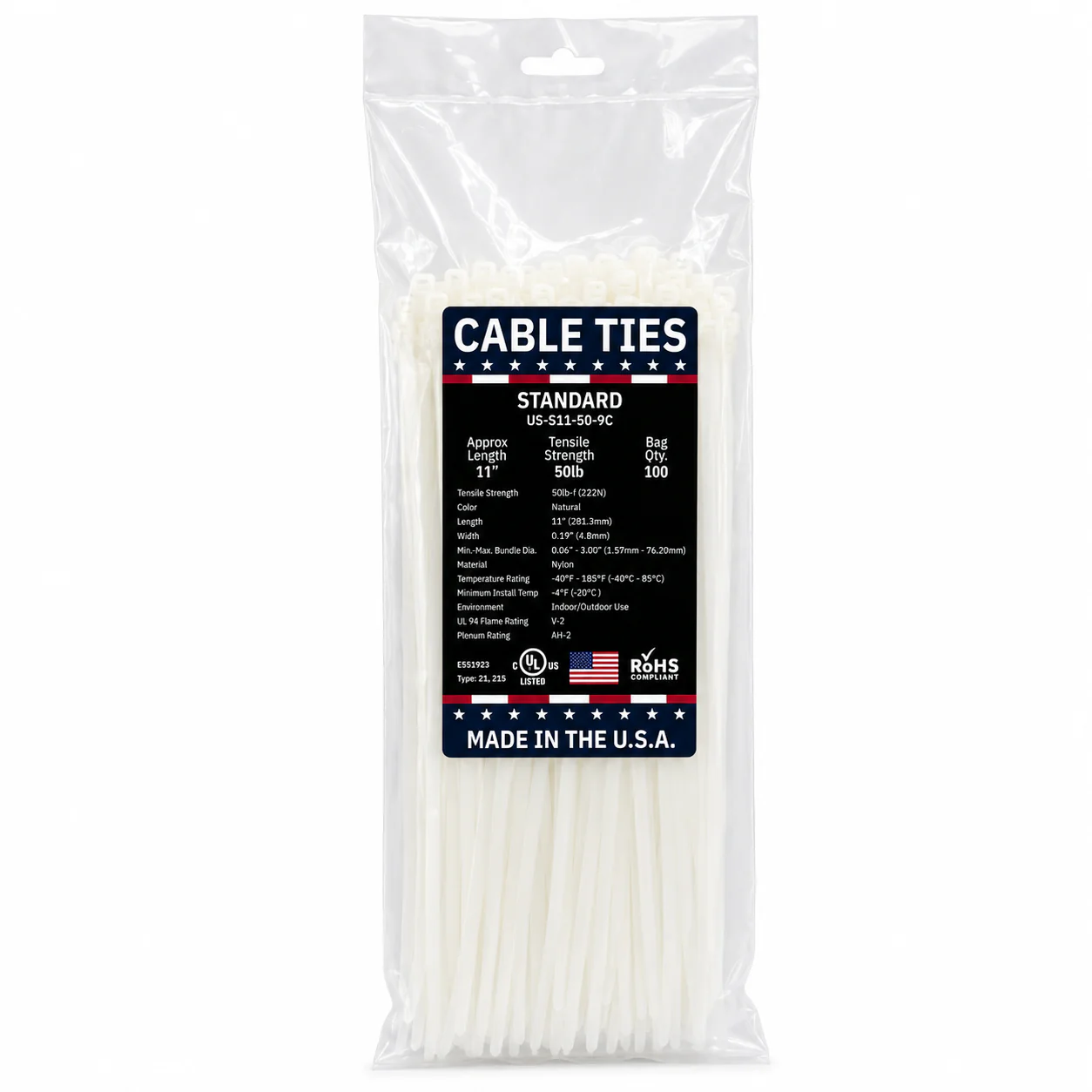 11" 50Lbs Natural Made in USA Cable Tie 100/Bag Part#US-S11-50-9C