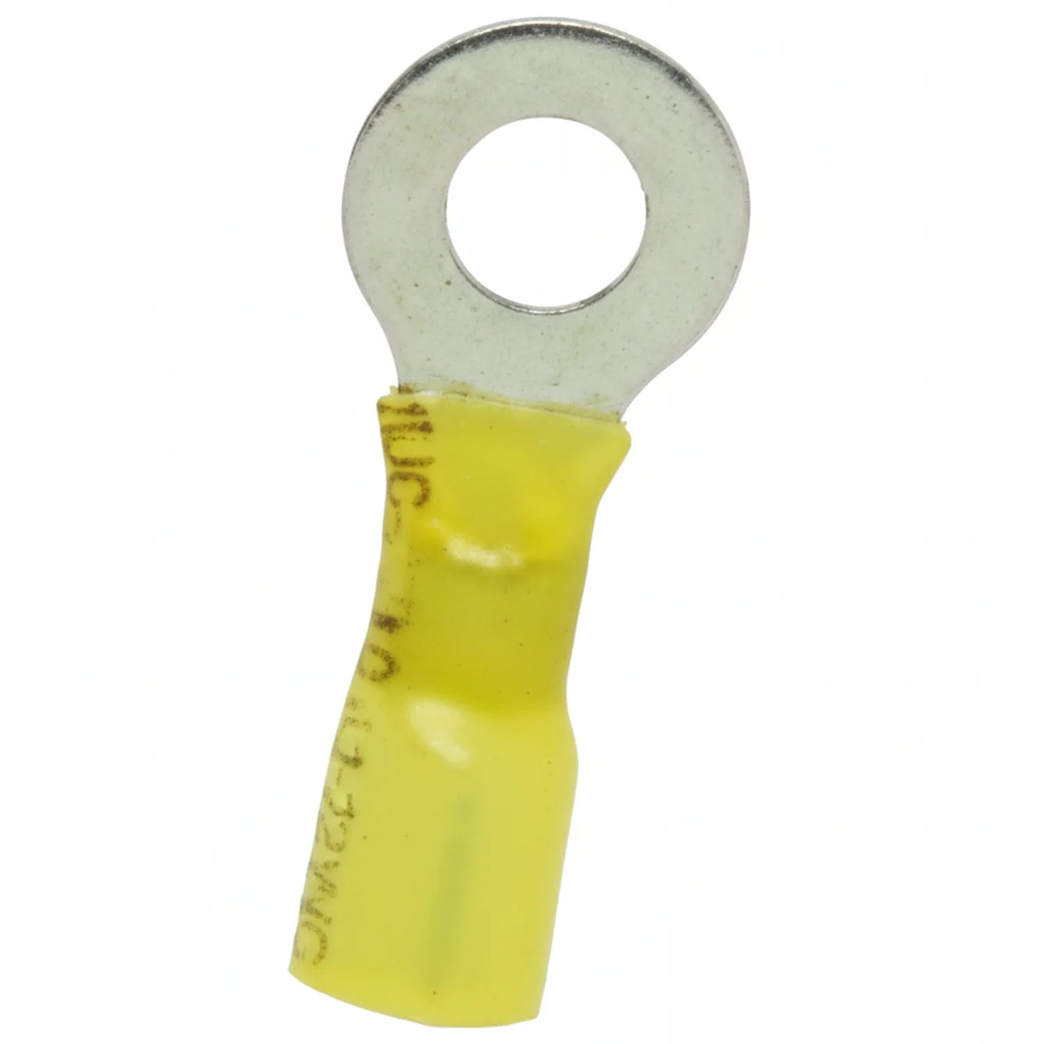 12-10 AWG Yellow Polyolefin Insulated Heat Shrink 3/8 Ring Terminals, 100/bag