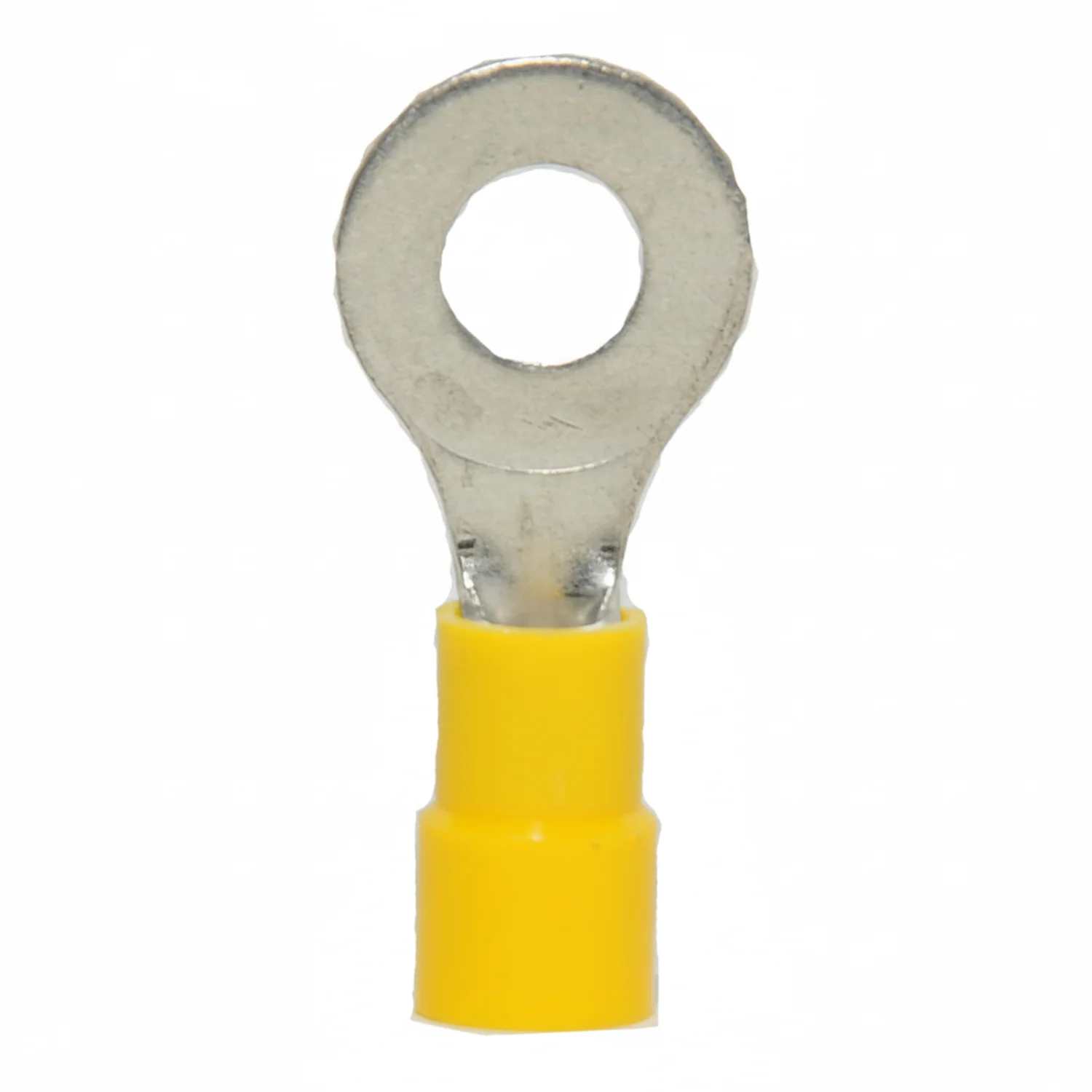 12-10 AWG Yellow Vinyl Insulated Butted Seam 1/4 Ring Terminals, 100/bag