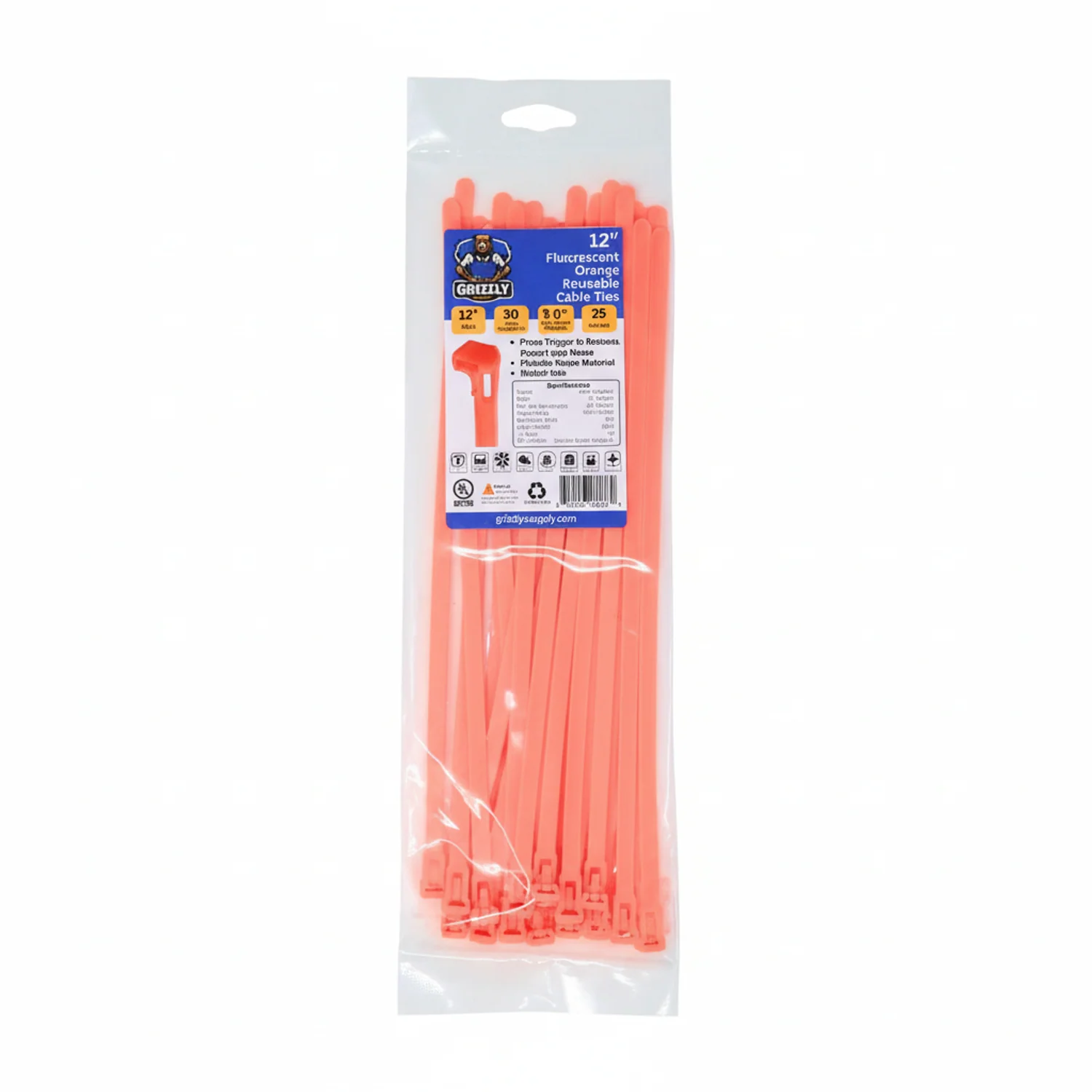 12" 50lb Flo Orange Releasable Cable Tie 25/bag - Image 2