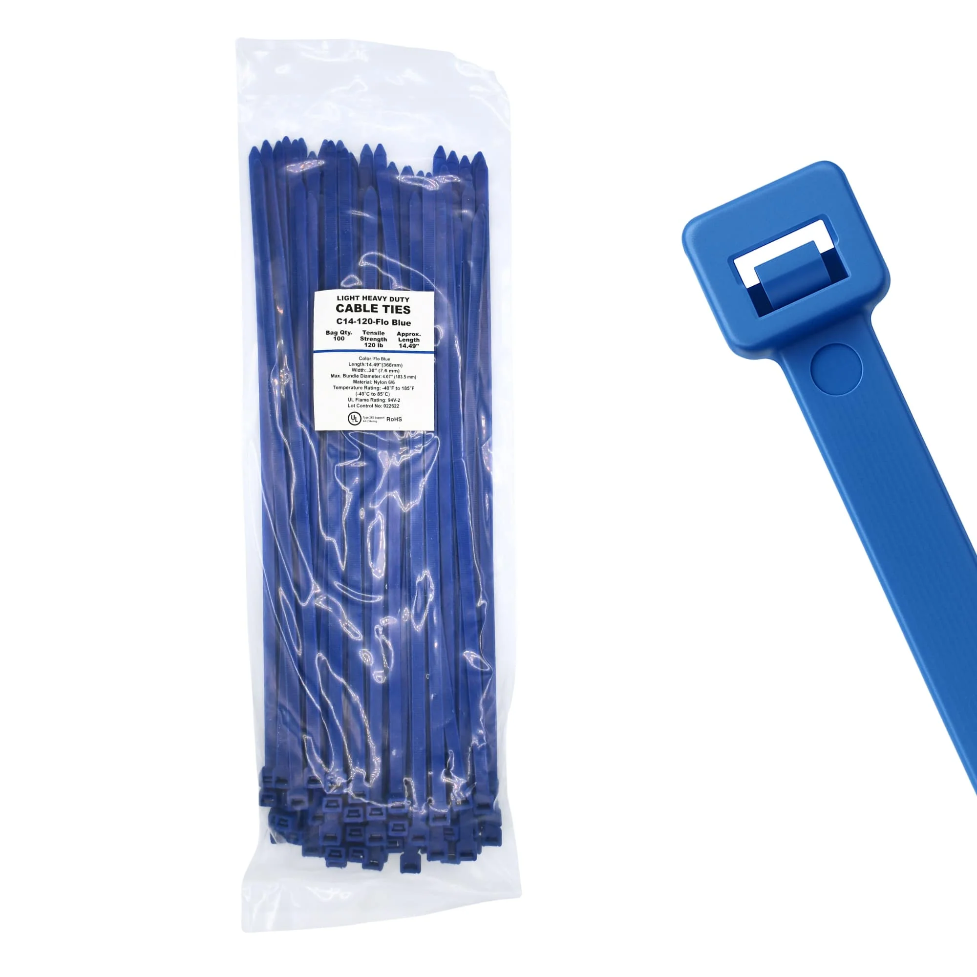 14" 120lb Fluorescent Blue Cable Ties / Zip Ties 100/bag Part # C14-120-Flo Blue