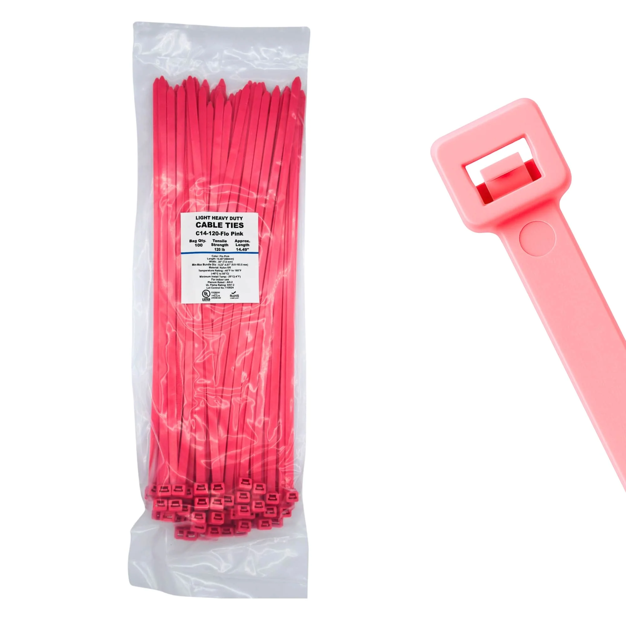 14" 120lb Fluorescent Pink Cable Ties / Zip Ties 100/bag Part # C14-120-Flo Pink