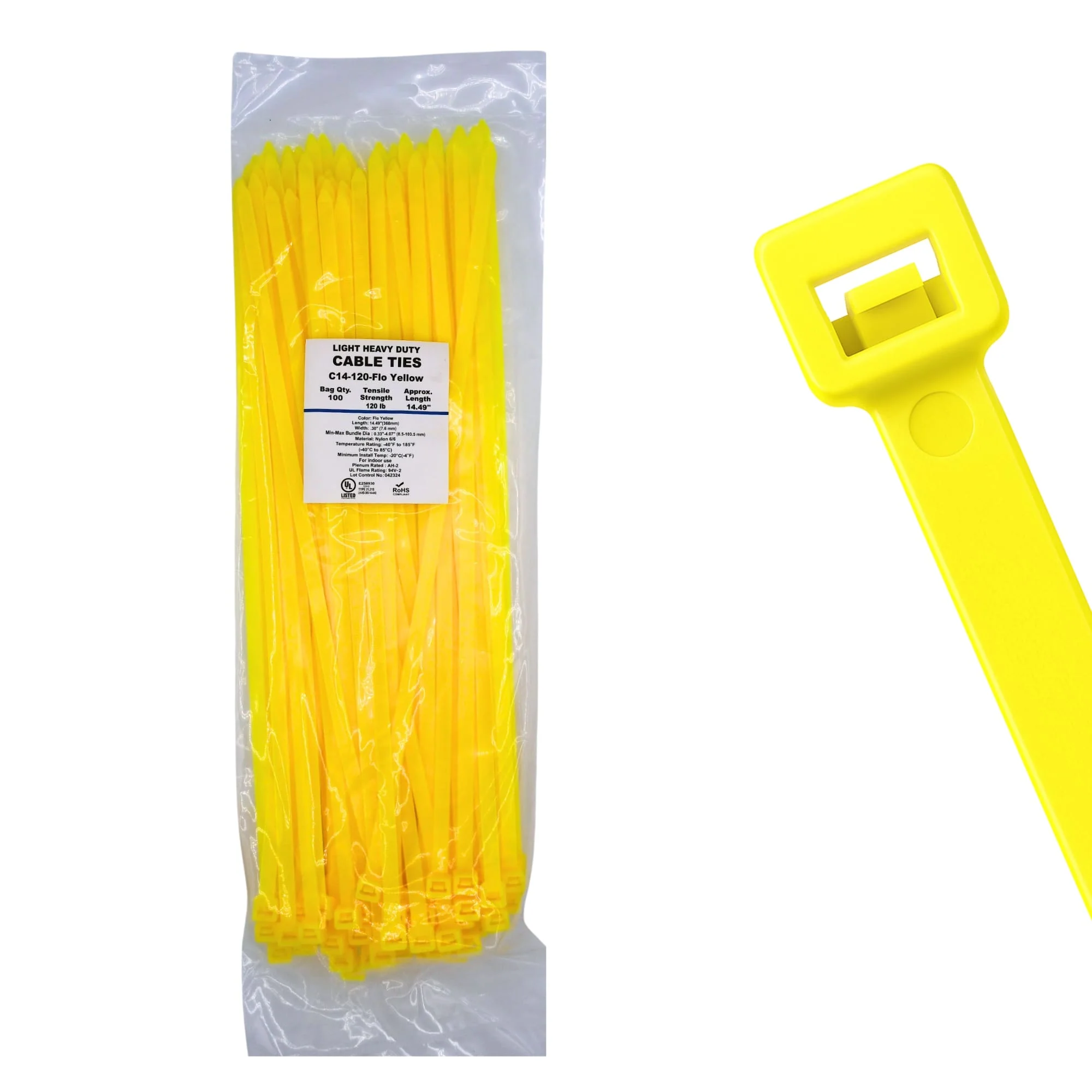 14" 120lb Fluorescent Yellow Cable Ties / Zip Ties 100/bag Part # C14-120-Flo Yellow
