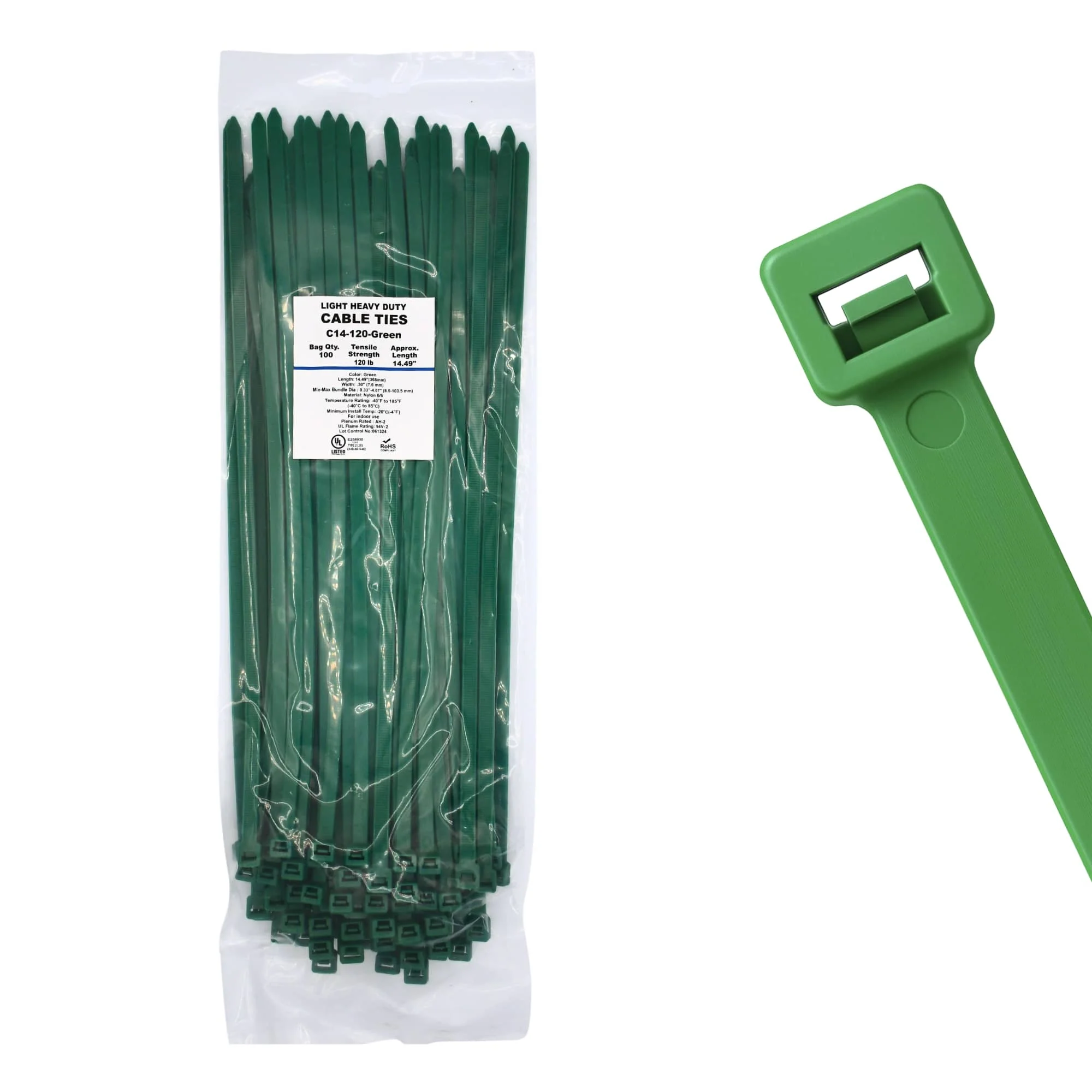 14" 120lb Green Cable Ties / Zip Ties 100/bag Part # C14-120-Green