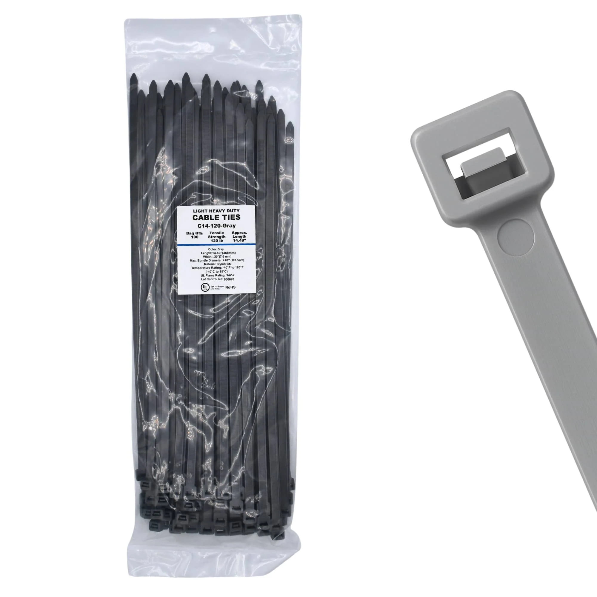 14" 120lb Grey Cable Ties / Zip Ties 100/bag Part # C14-120-Grey