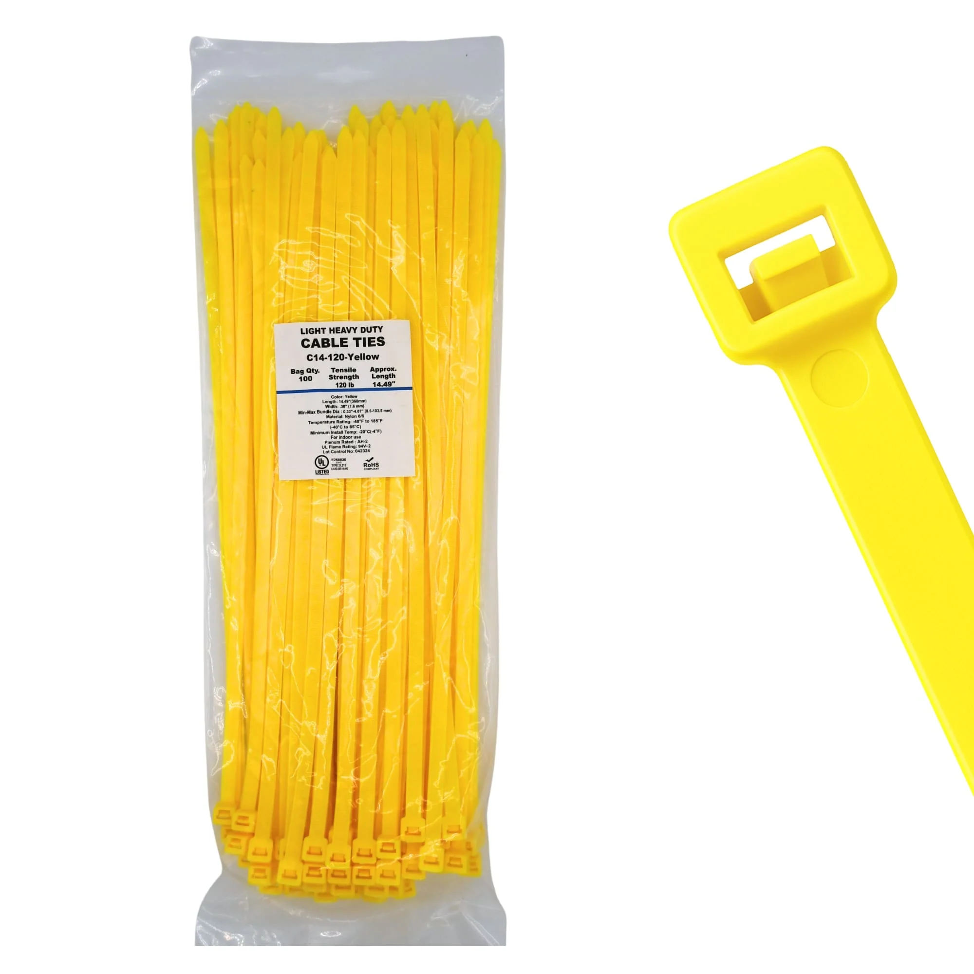 14" 120lb Yellow Cable Ties / Zip Ties 100/bag Part # C14-120-Yellow