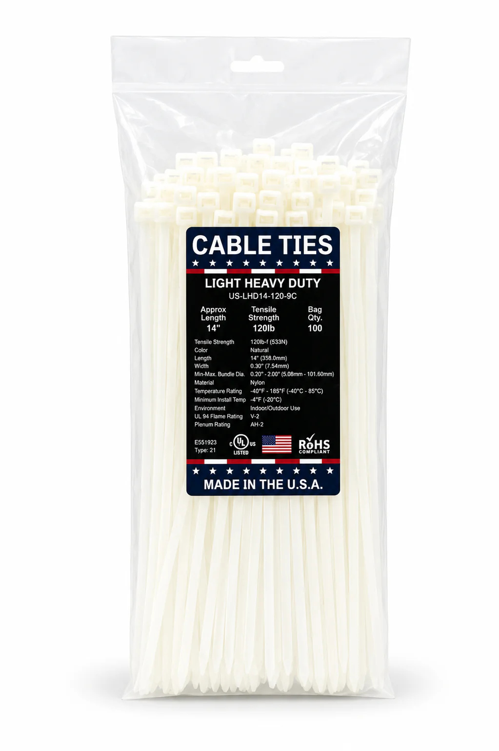 14" 120Lbs Natural Made in USA Cable Tie 100/Bag Part#US-LHD14-120-9C