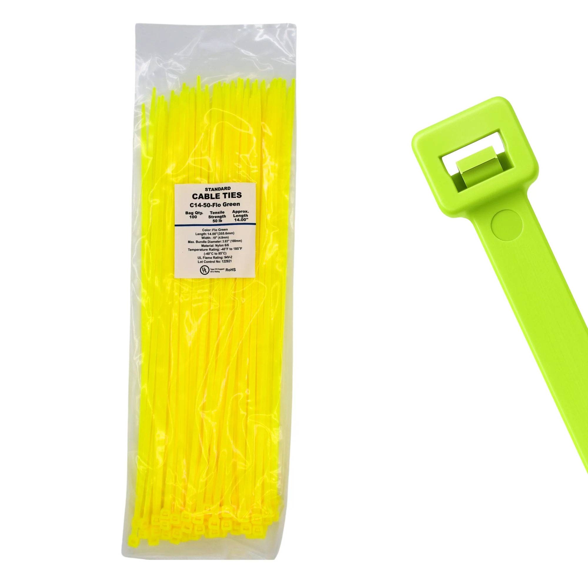 14" 50lb Fluorescent Green Cable Ties / Zip Ties 100/bag Part # C14-50-Flo Green