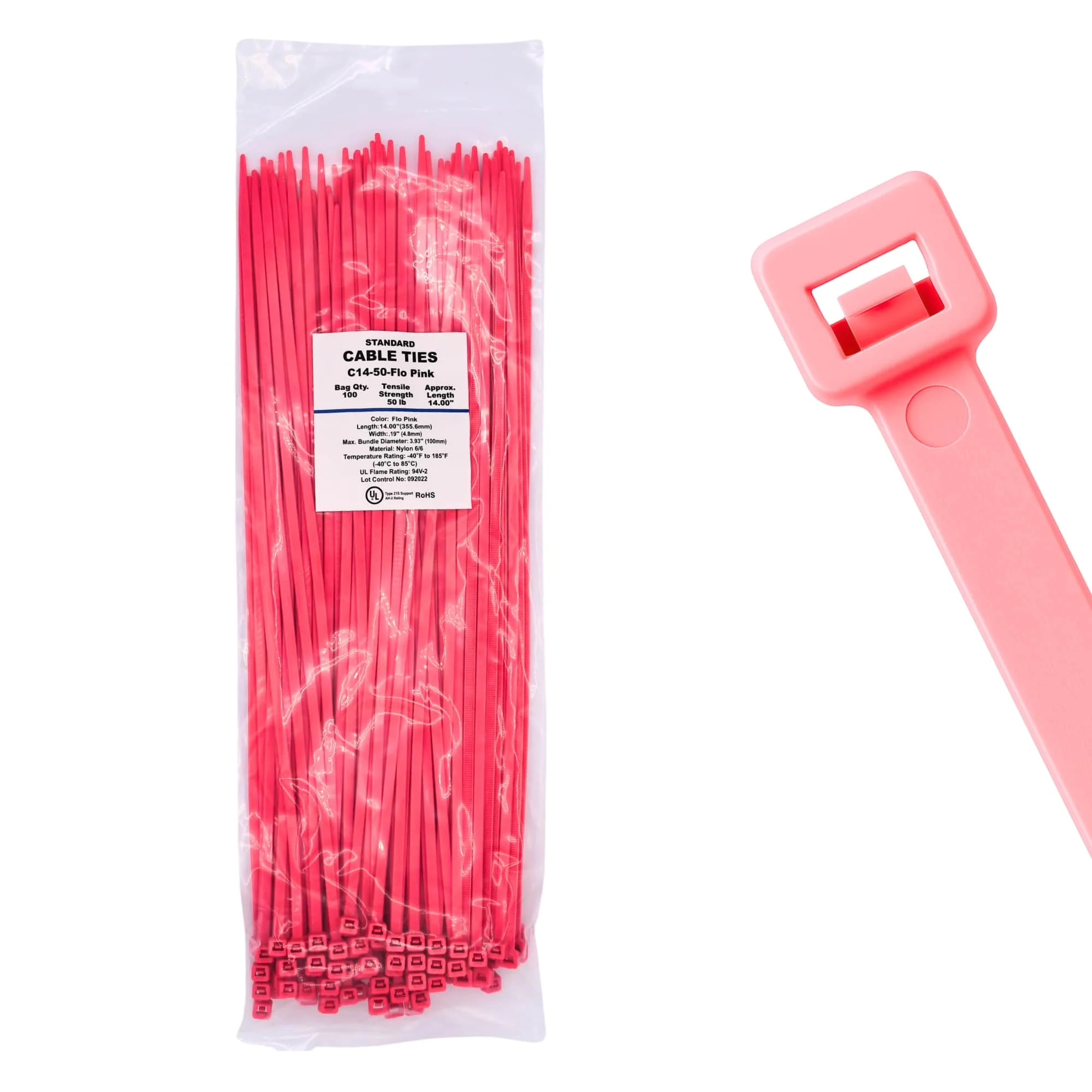 14" 50lb Fluorescent Pink Cable Ties / Zip Ties 100/bag Part # C14-50-Flo Pink