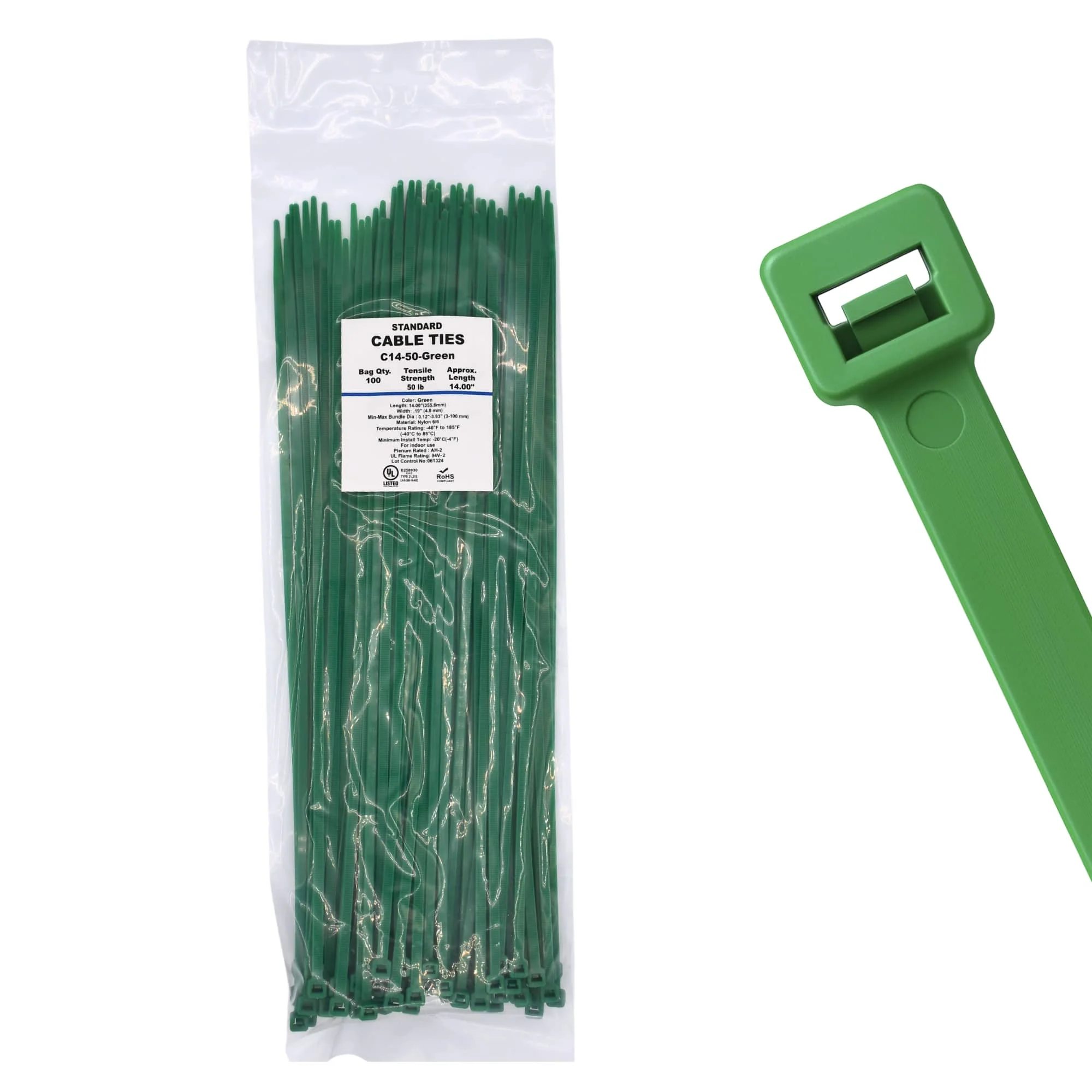 14" 50lb Green Cable Ties / Zip Ties 100/bag Part # C14-50-Green