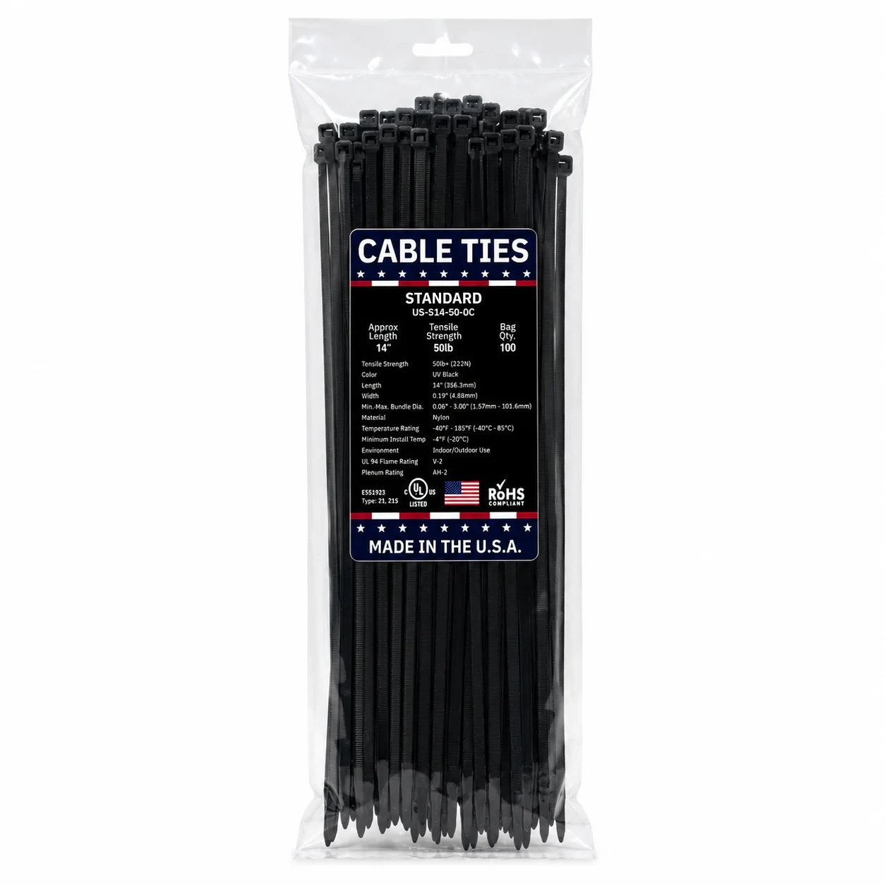 14" 50Lbs UV Black Made in USA Cable Tie 100/Bag Part#US-S14-50-0C