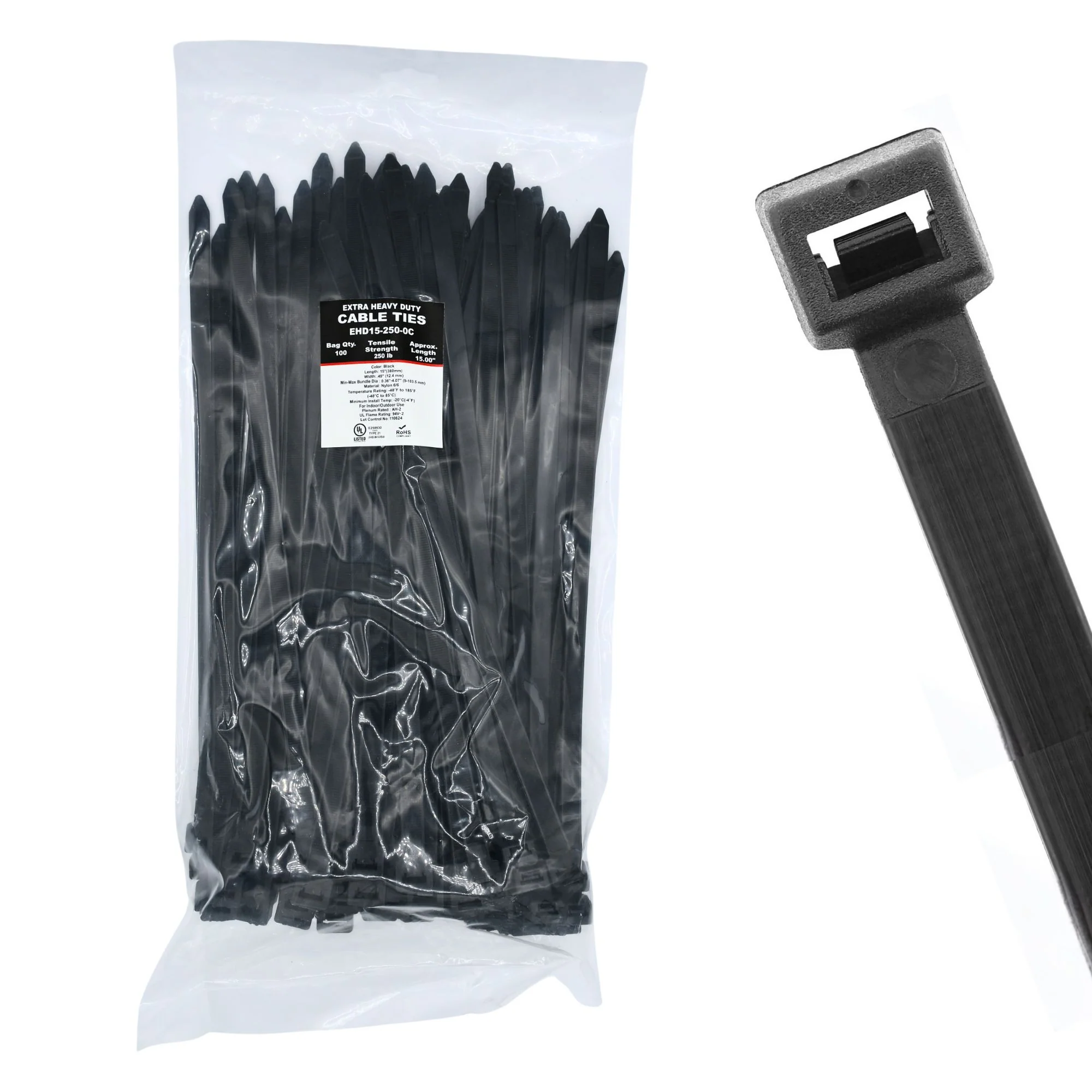 14.96" 250lb UV Black Cable Ties / Zip Ties 100/bag Part # EHD15-250-0C