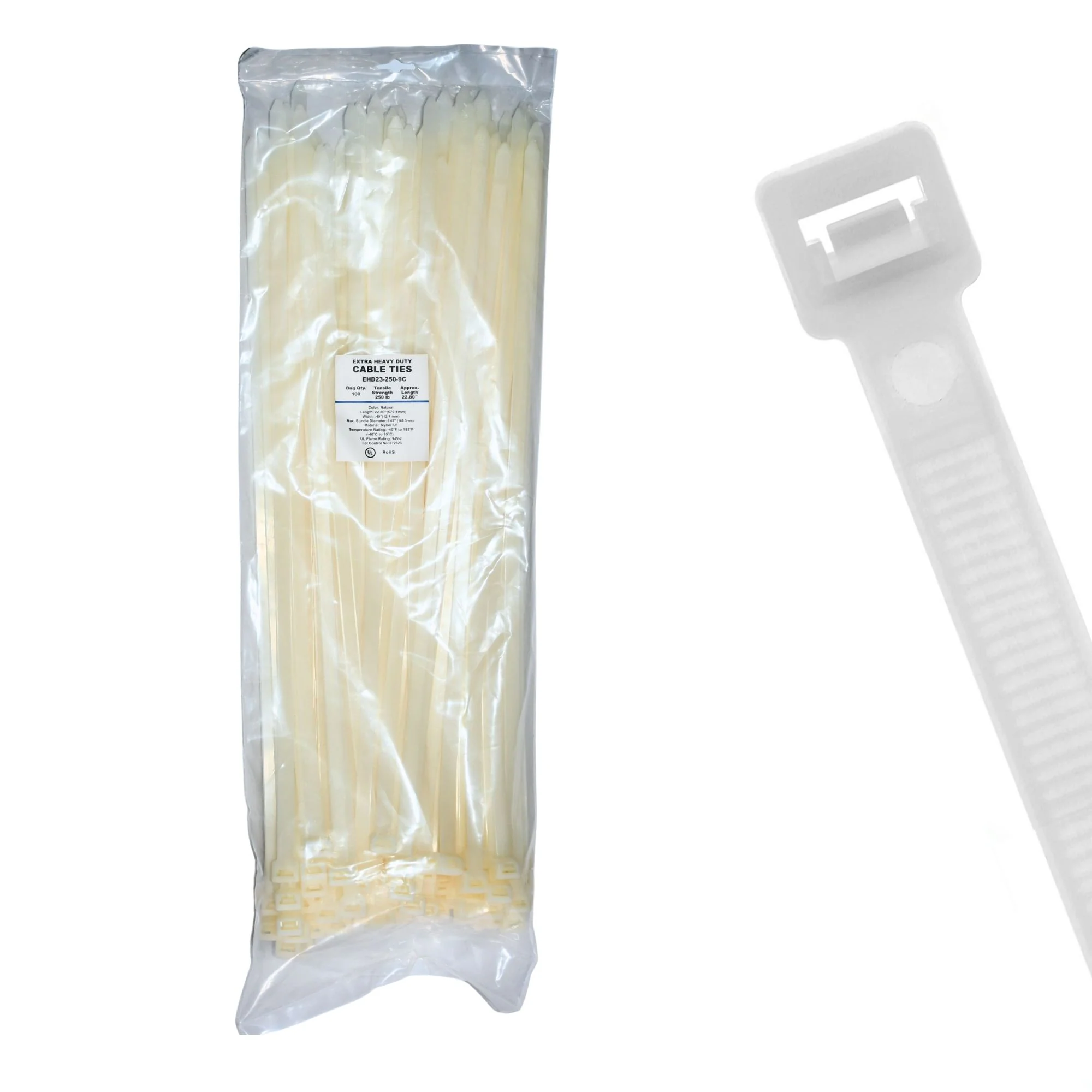 22.83" 250lb Natural Cable Ties / Zip Ties 100/bag Part # EHD23-250-9C