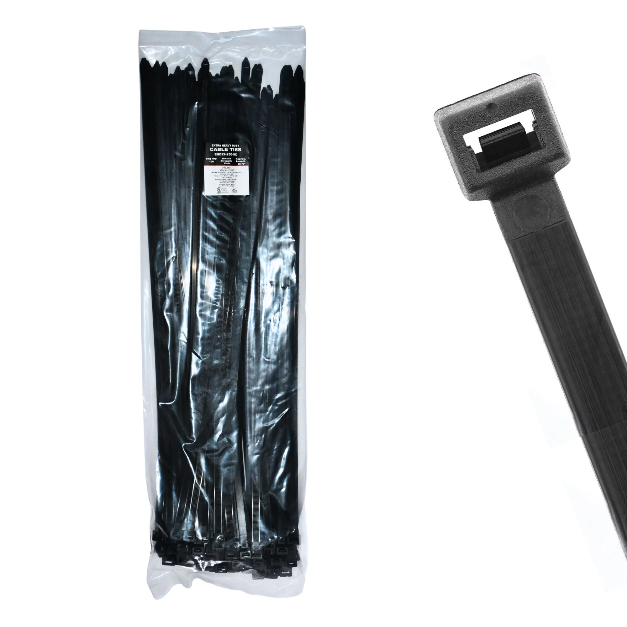 28.74" 250lb UV Black Cable Ties / Zip Ties 100/bag Part # EHD29-250-0C