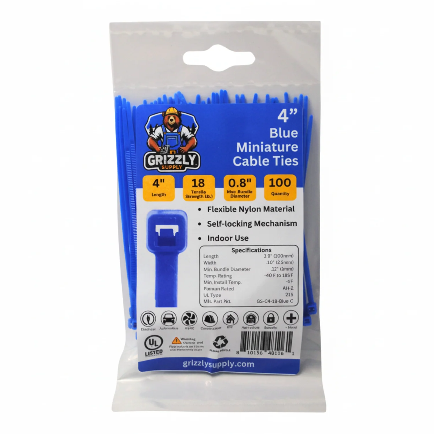 4" 18lb Blue Cable Tie 100/bag - Image 2