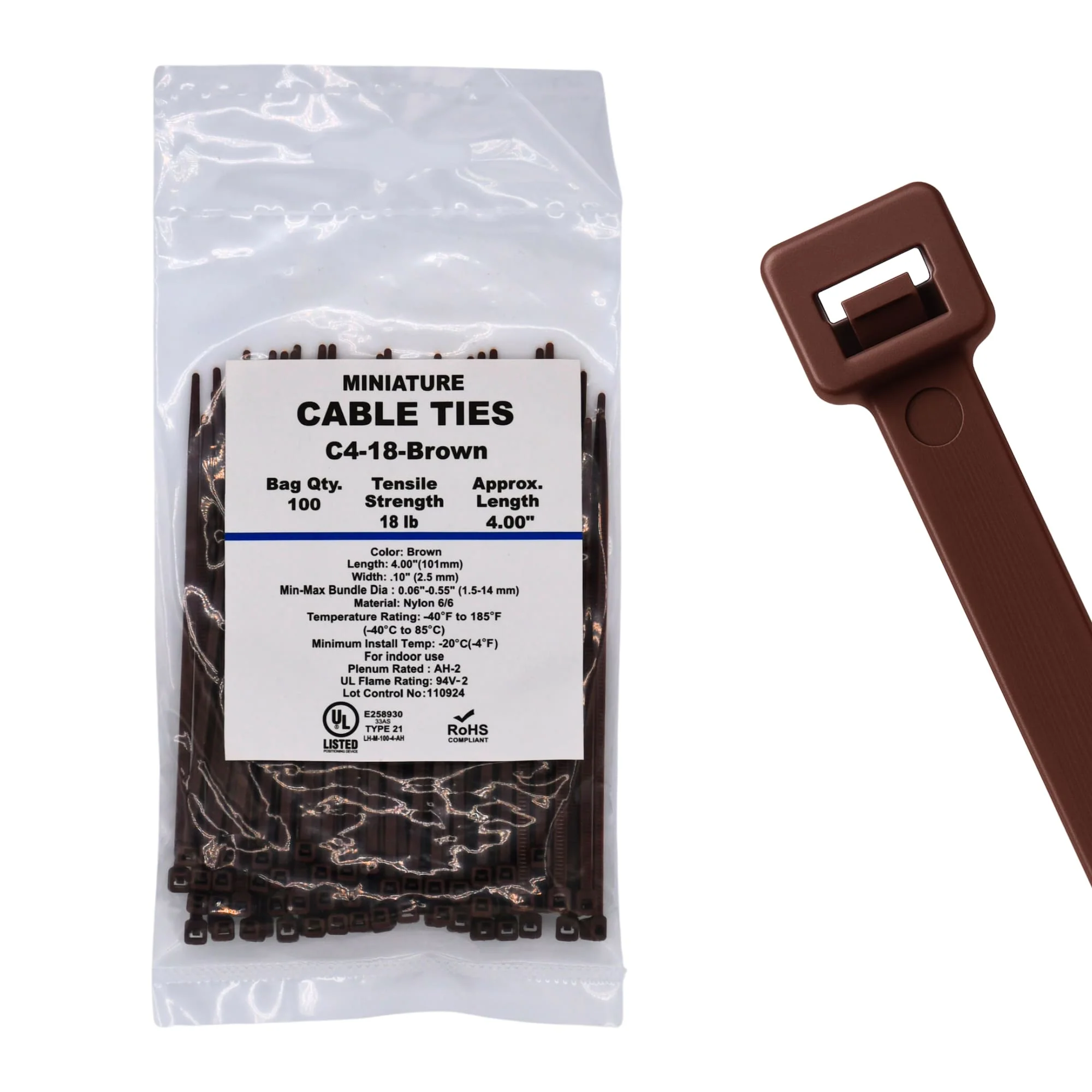 4" 18lb Brown Cable Ties / Zip Ties 100/bag Part # C4-18-Brown