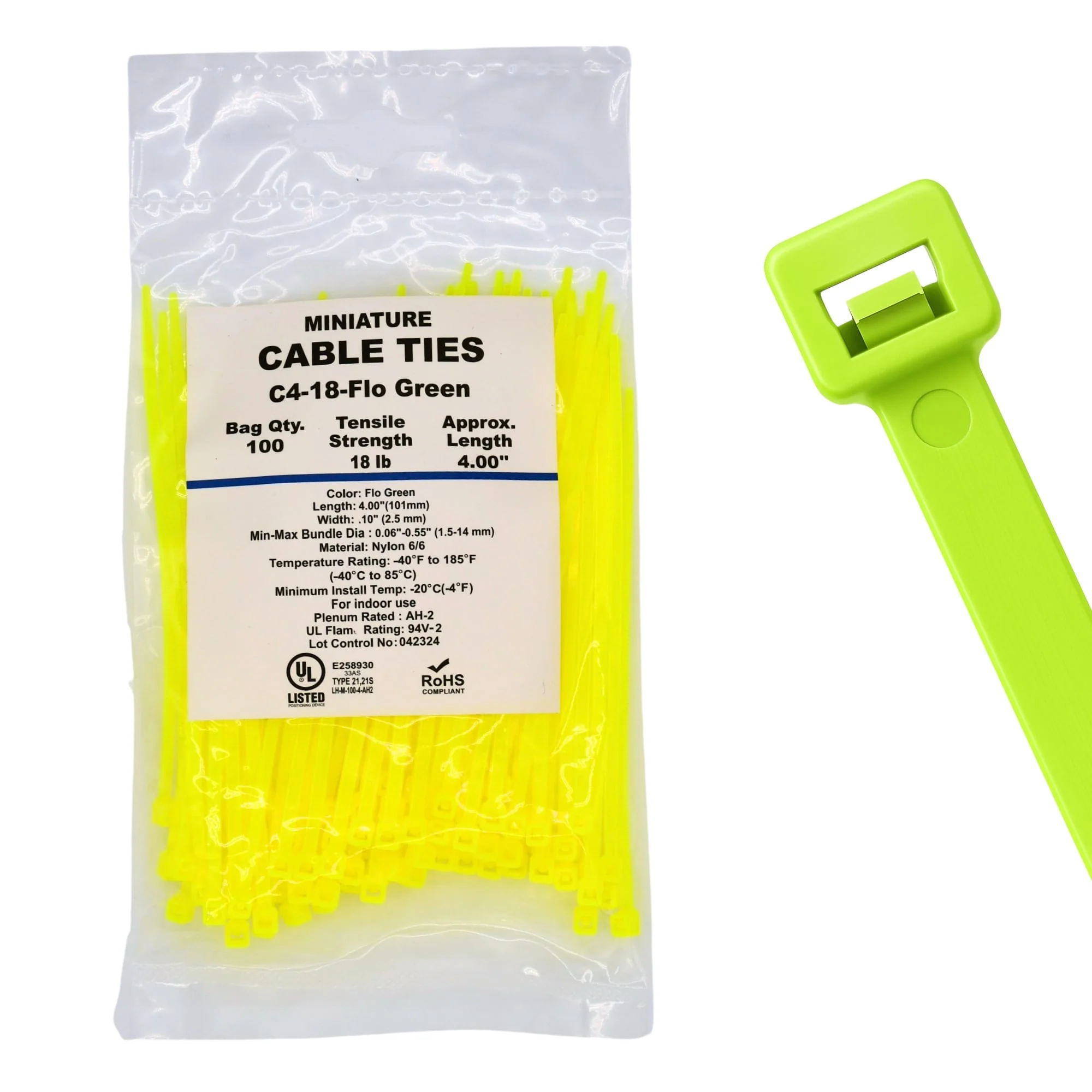 4" 18lb Fluorescent Green Cable Ties / Zip Ties 100/bag Part # C4-18-Flo Green