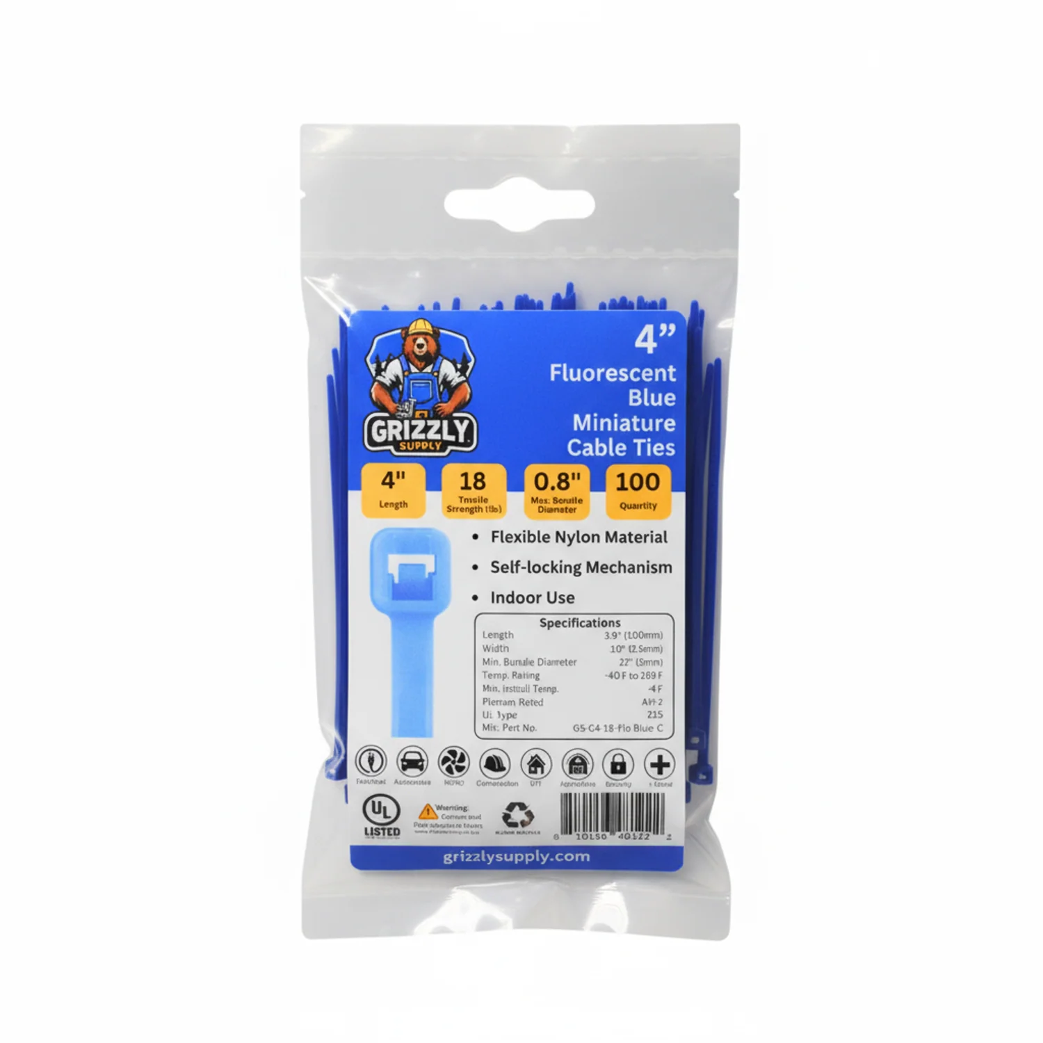 4" 18lb Fluorescent Blue Cable Tie 100/bag - Image 2