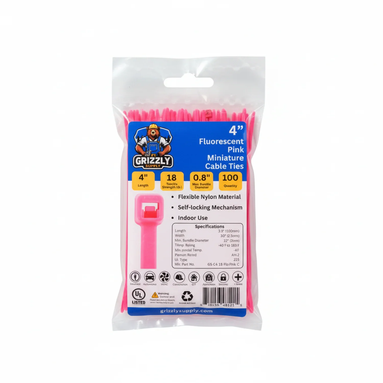 4" 18lb Fluorescent Pink Cable Tie 100/bag - Image 2