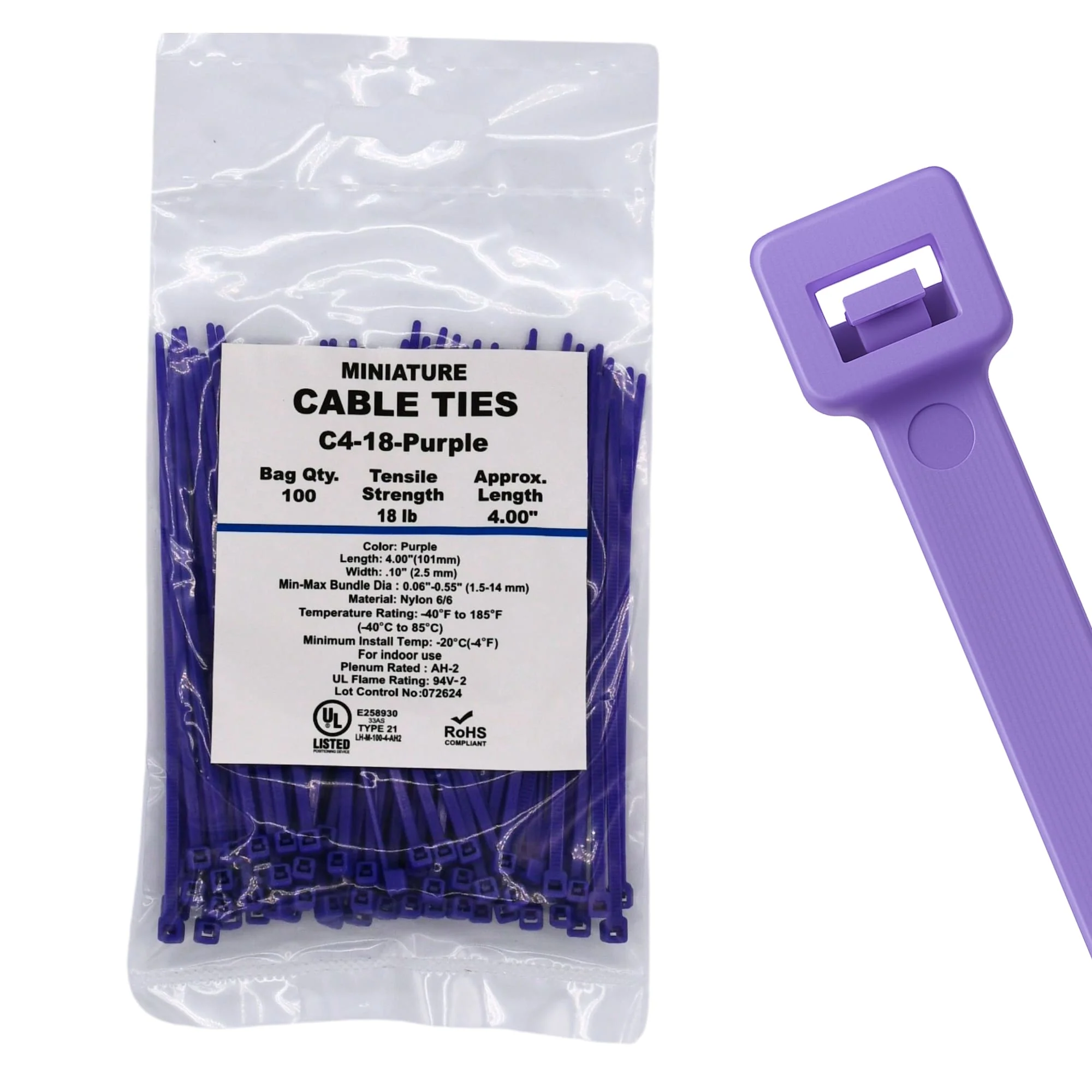 4" 18lb Purple Cable Ties / Zip Ties 100/bag Part # C4-18-Purple