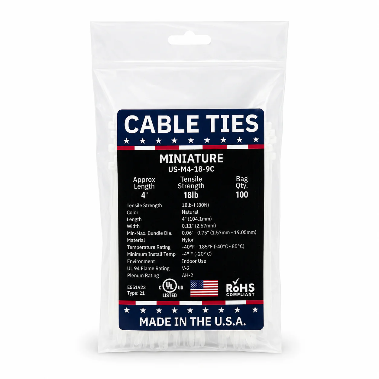 4" 18Lbs Natural Made in USA Cable Tie 100/Bag #US-M4-18-9C