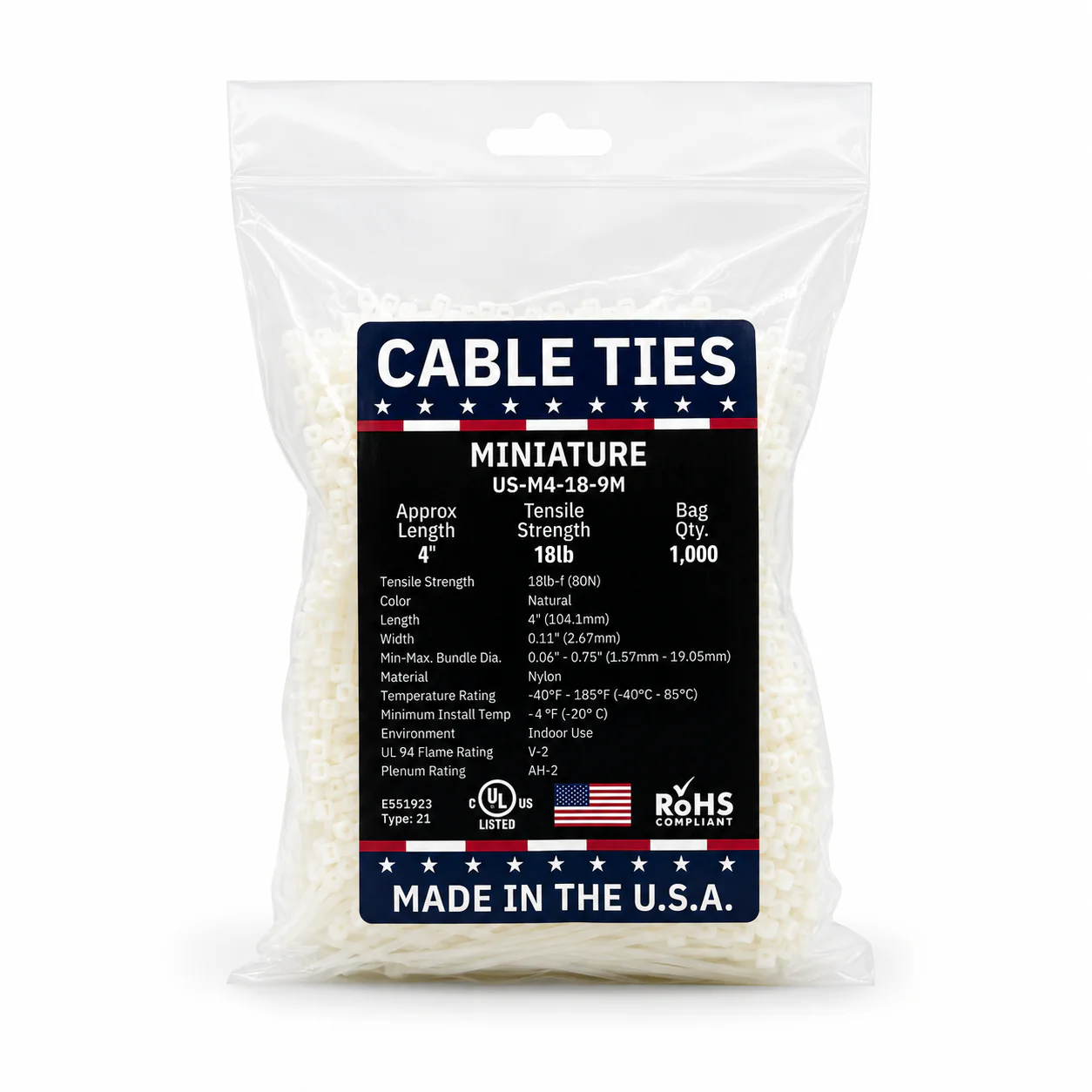 4" 18Lbs Natural Made in USA Cable Tie 1000/Bag Part#US-M4-18-9M