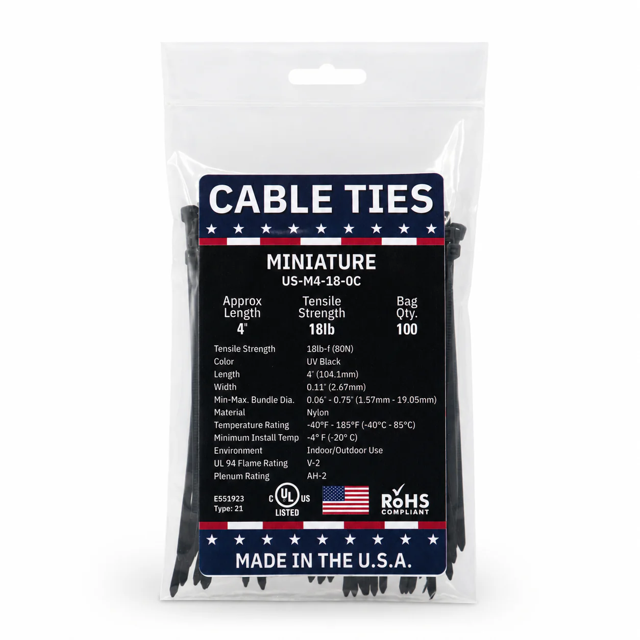 4" 18Lbs UV Black Made in USA Cable Tie 100/Bag Part#US-M4-18-0C