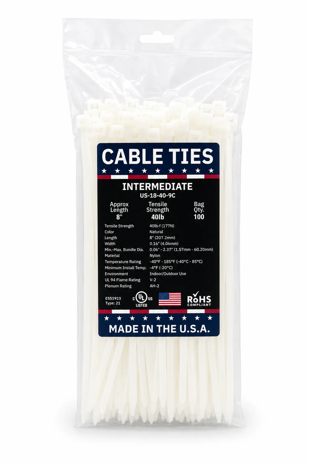 8" 40Lbs Natural Made in USA Cable Tie 100/Bag Part#US-I8-40-9C