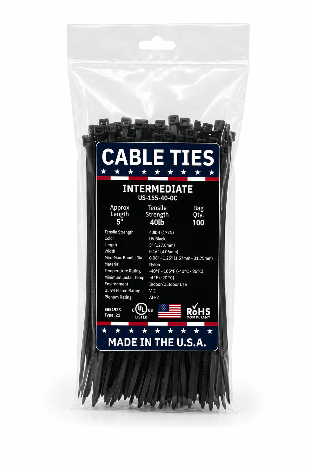 5" 40Lbs UV Black Made in USA Cable Tie 100/Bag Part#US-I55-40-0C