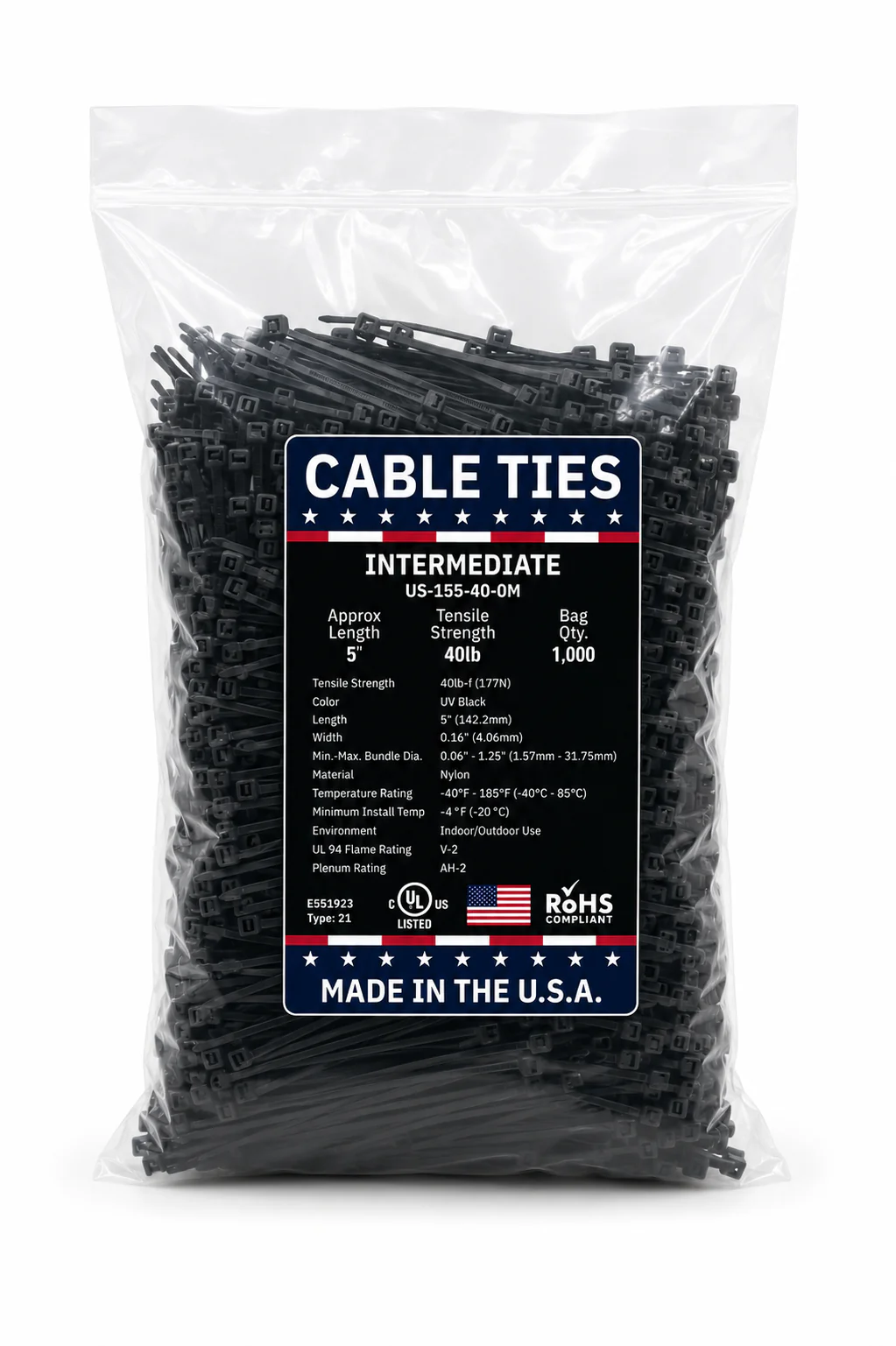 5" 40Lbs UV Black Made in USA Cable Tie 1000/Bag Part#US-I55-40-0M