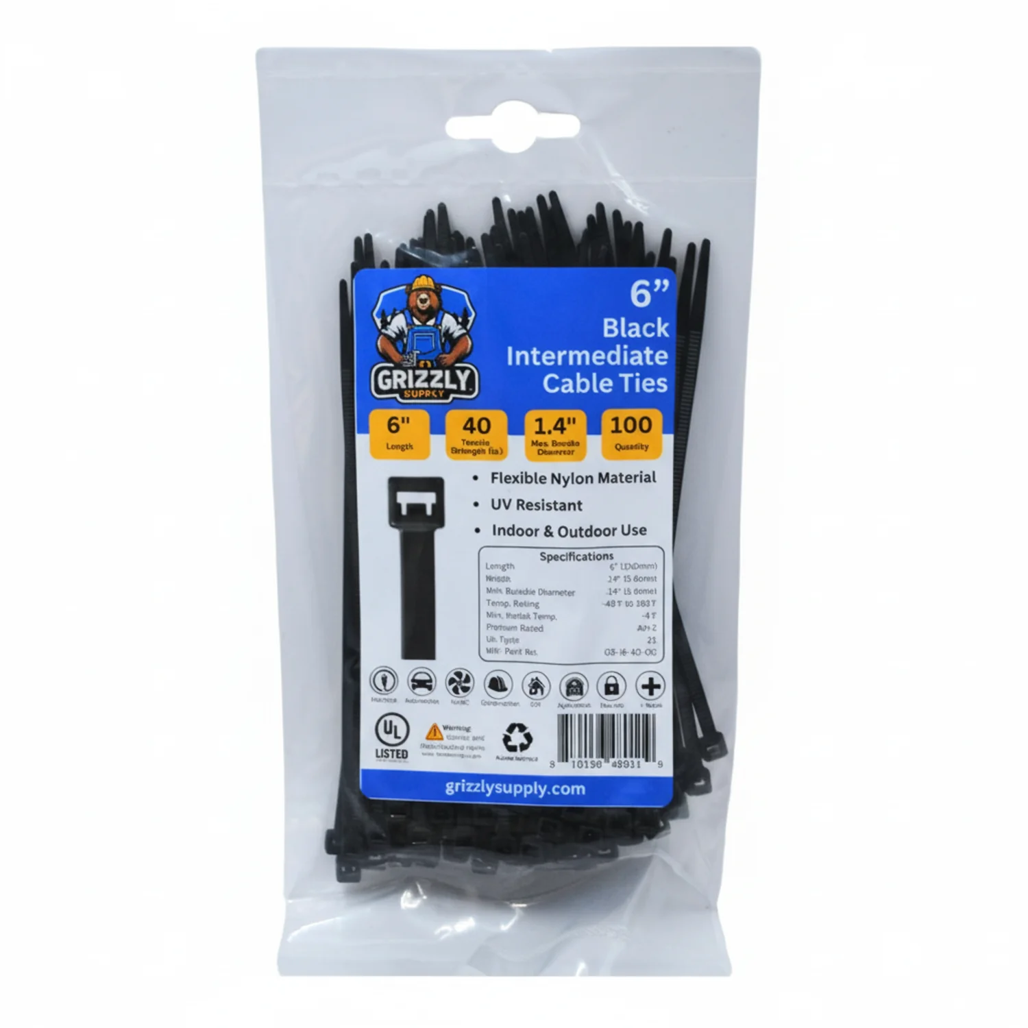 6" 40lb BlackUV Cable Tie 100/bag - Image 2