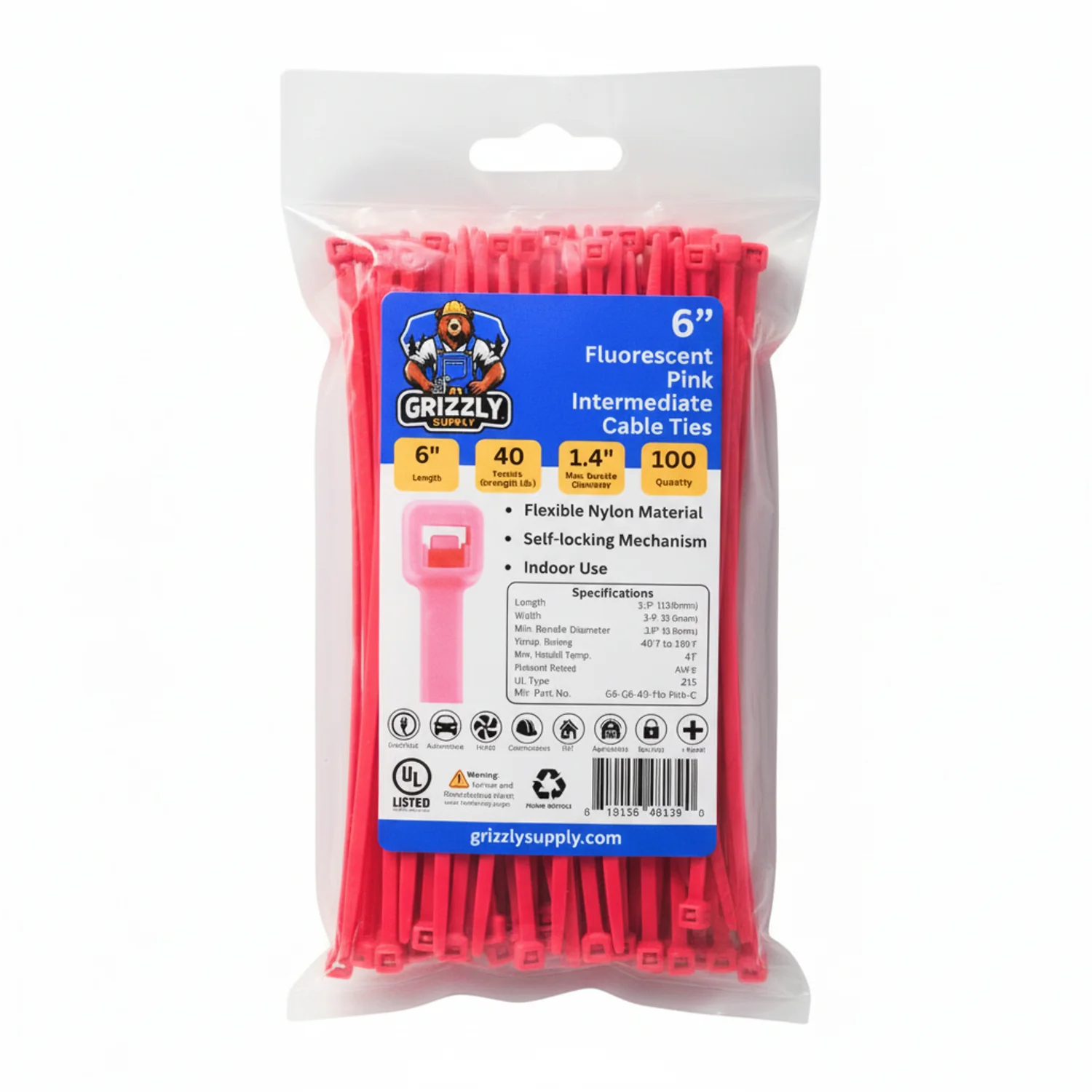 6" 40lb Fluorescent Pink Cable Tie 100/bag - Image 2