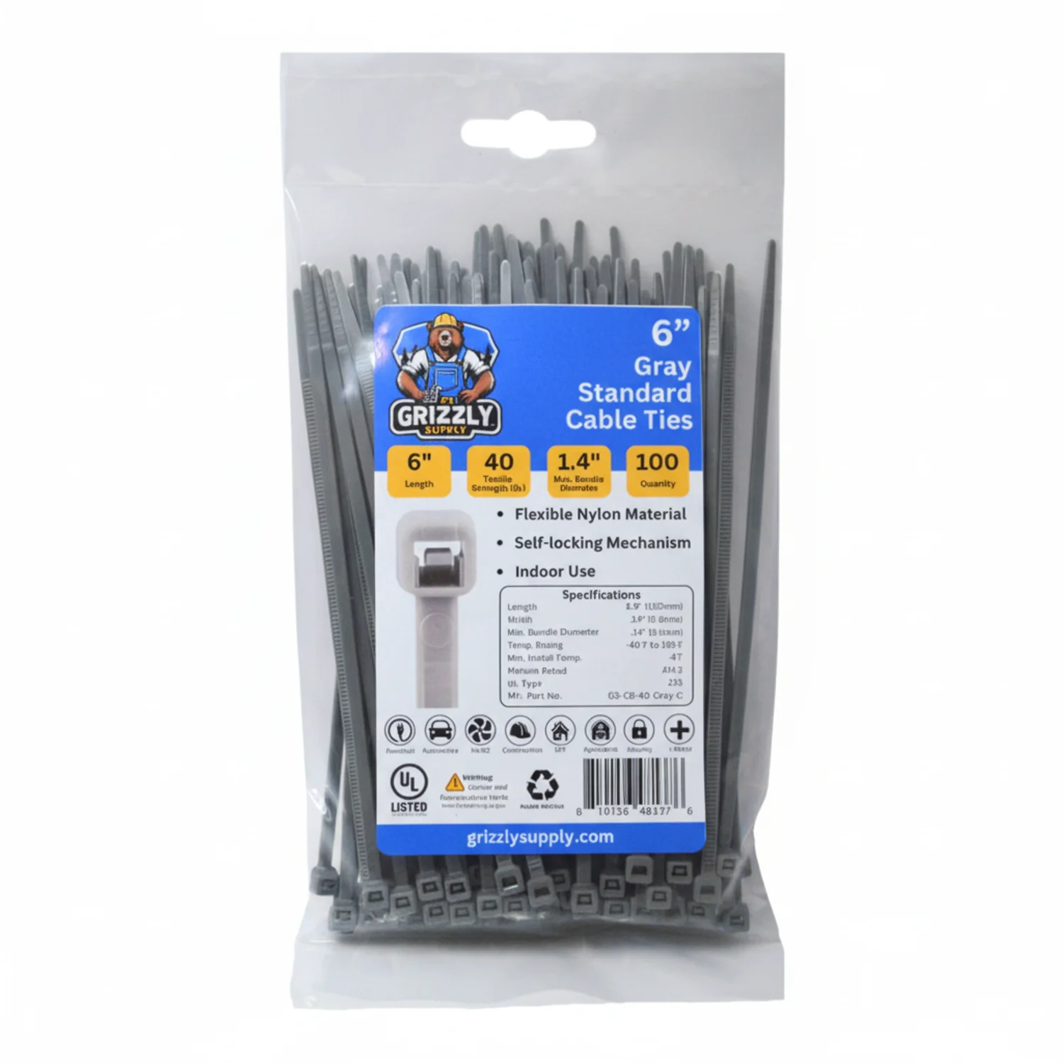 6" 40lb Gray Cable Tie 100/bag - Image 2