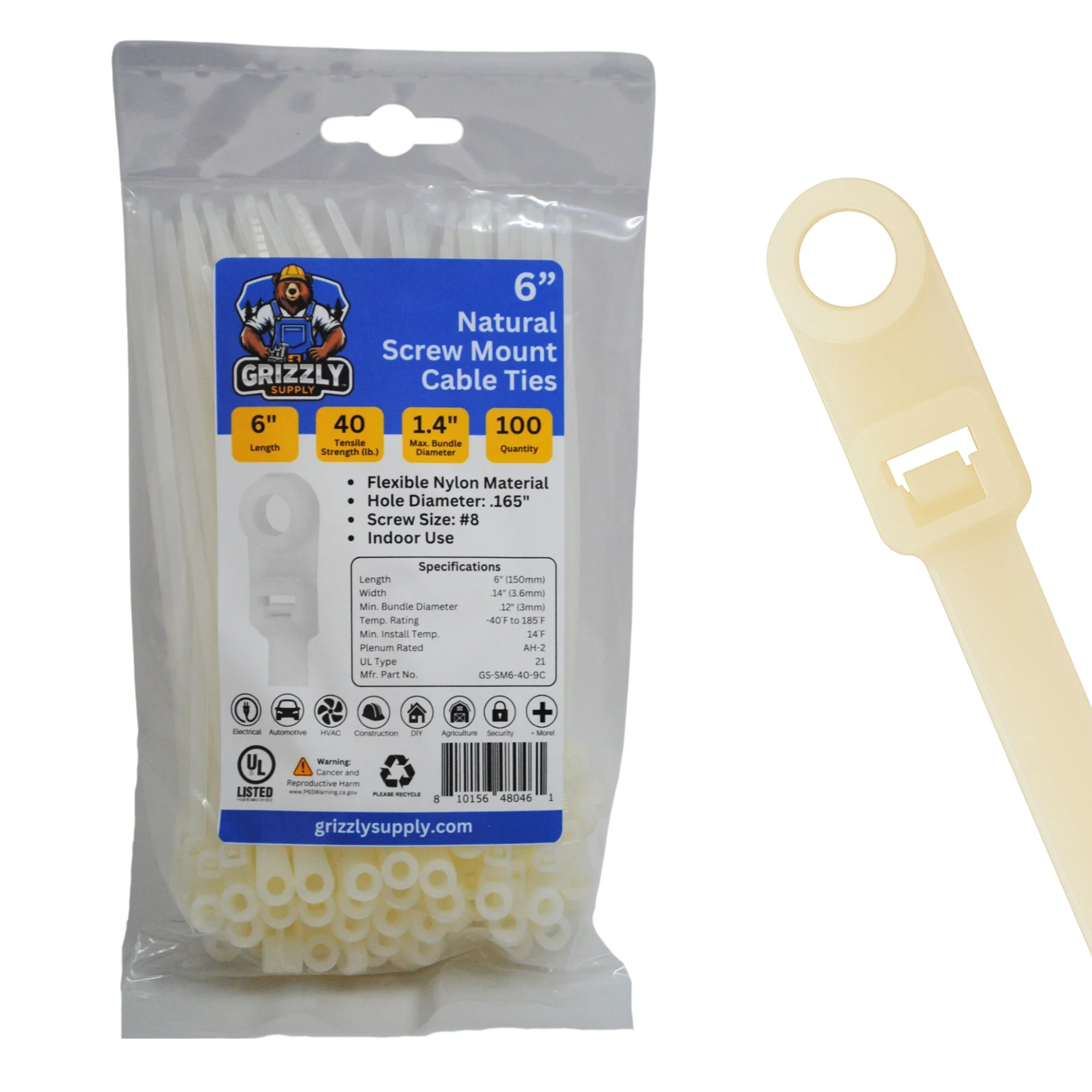 6" 40lb Natural Screw Mount Cable Tie 100/bag