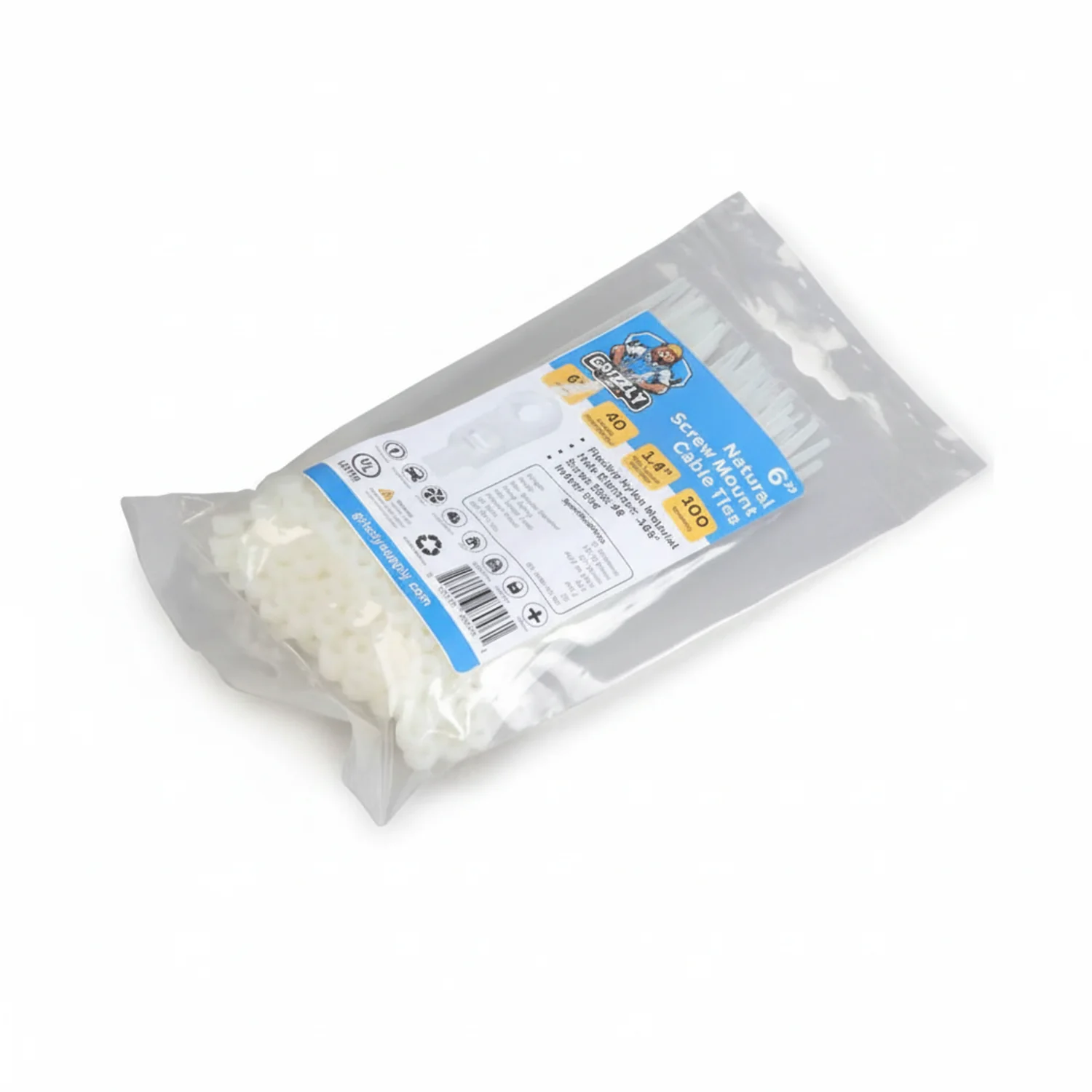 6" 40lb Natural Screw Mount Cable Tie 100/bag - Image 3