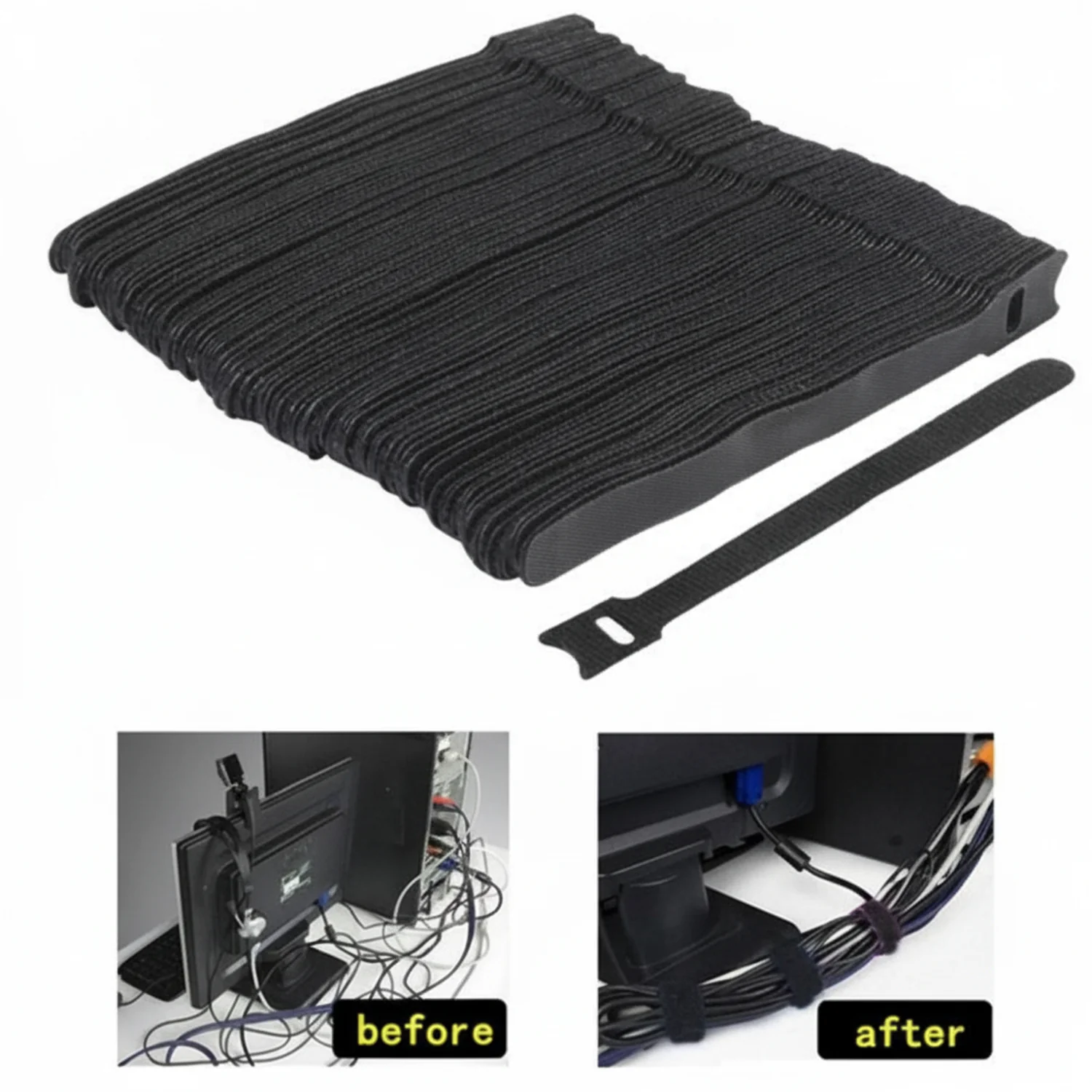 6" x 3/4" Hook and Loop Straps Black 100/bag - Image 2