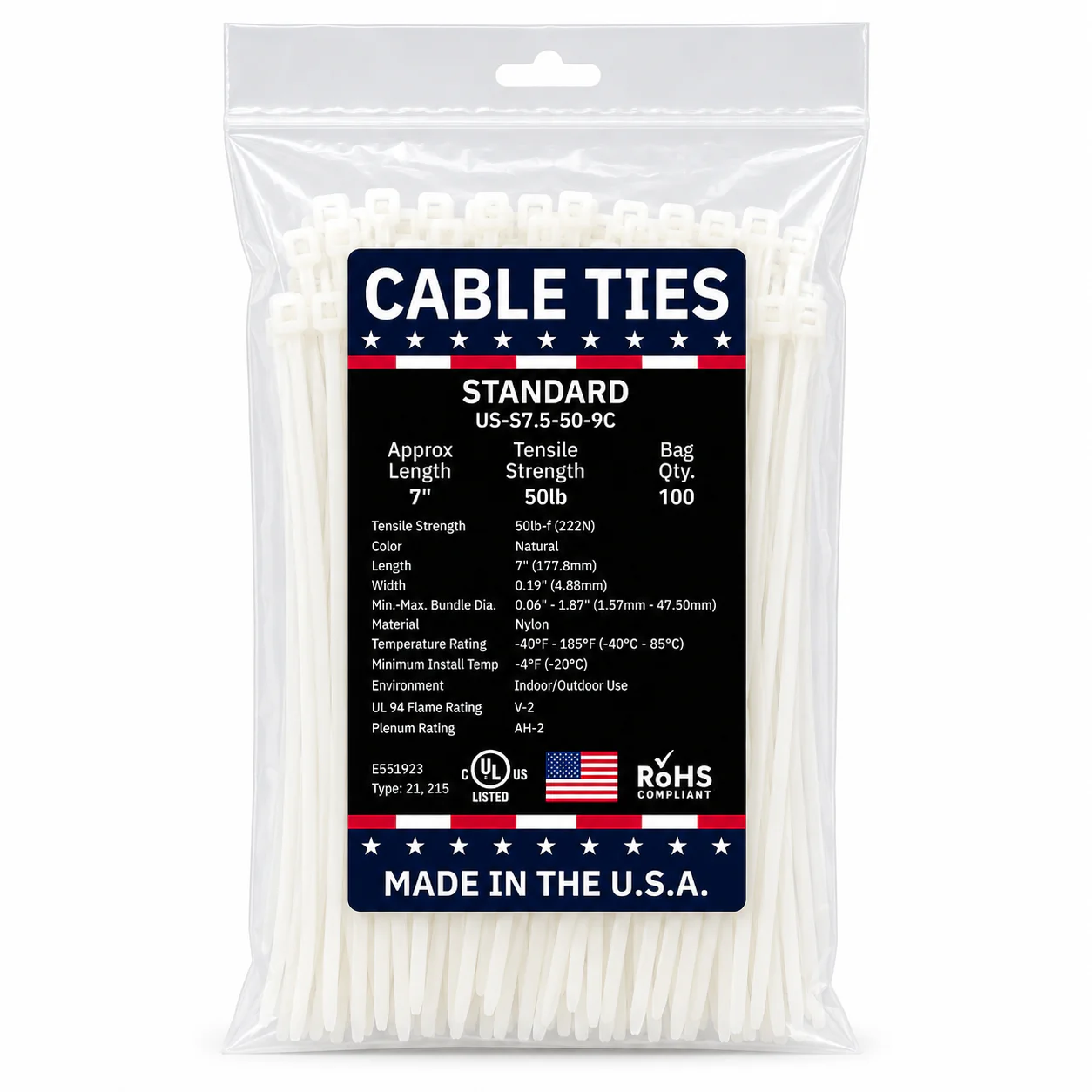 7" 50Lbs Natural Made in USA Cable Tie 100/Bag Part#US-S7.5-50-9C
