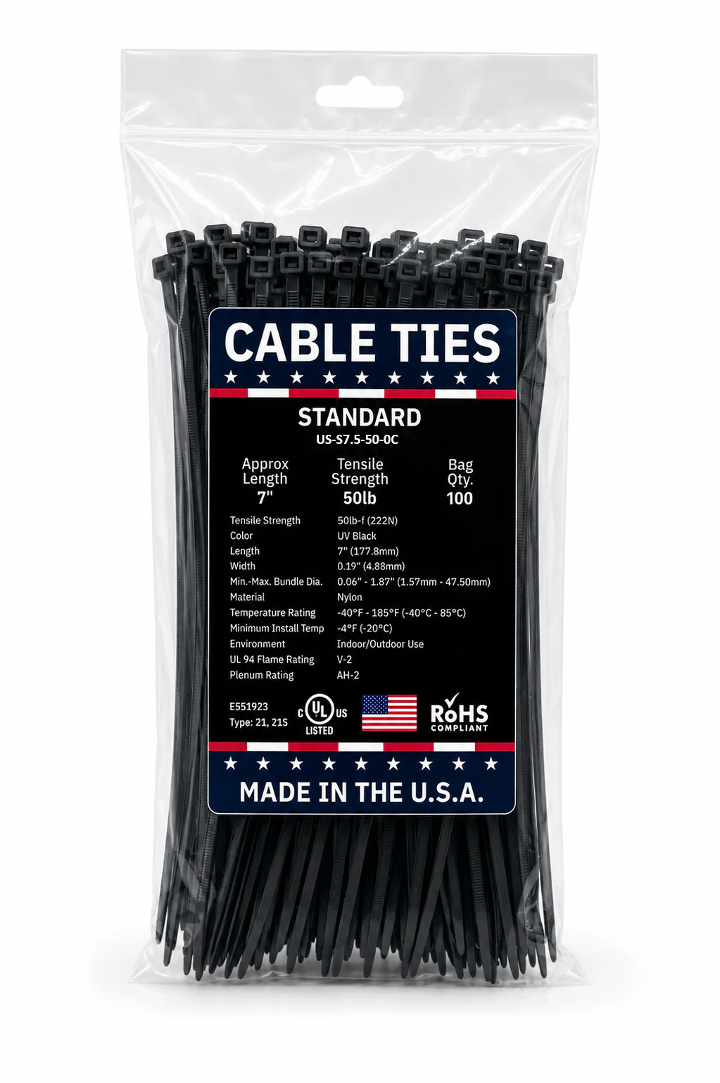 7" 50Lbs UV Black Made in USA Cable Tie 100/Bag Part#US-S7.5-50-0C