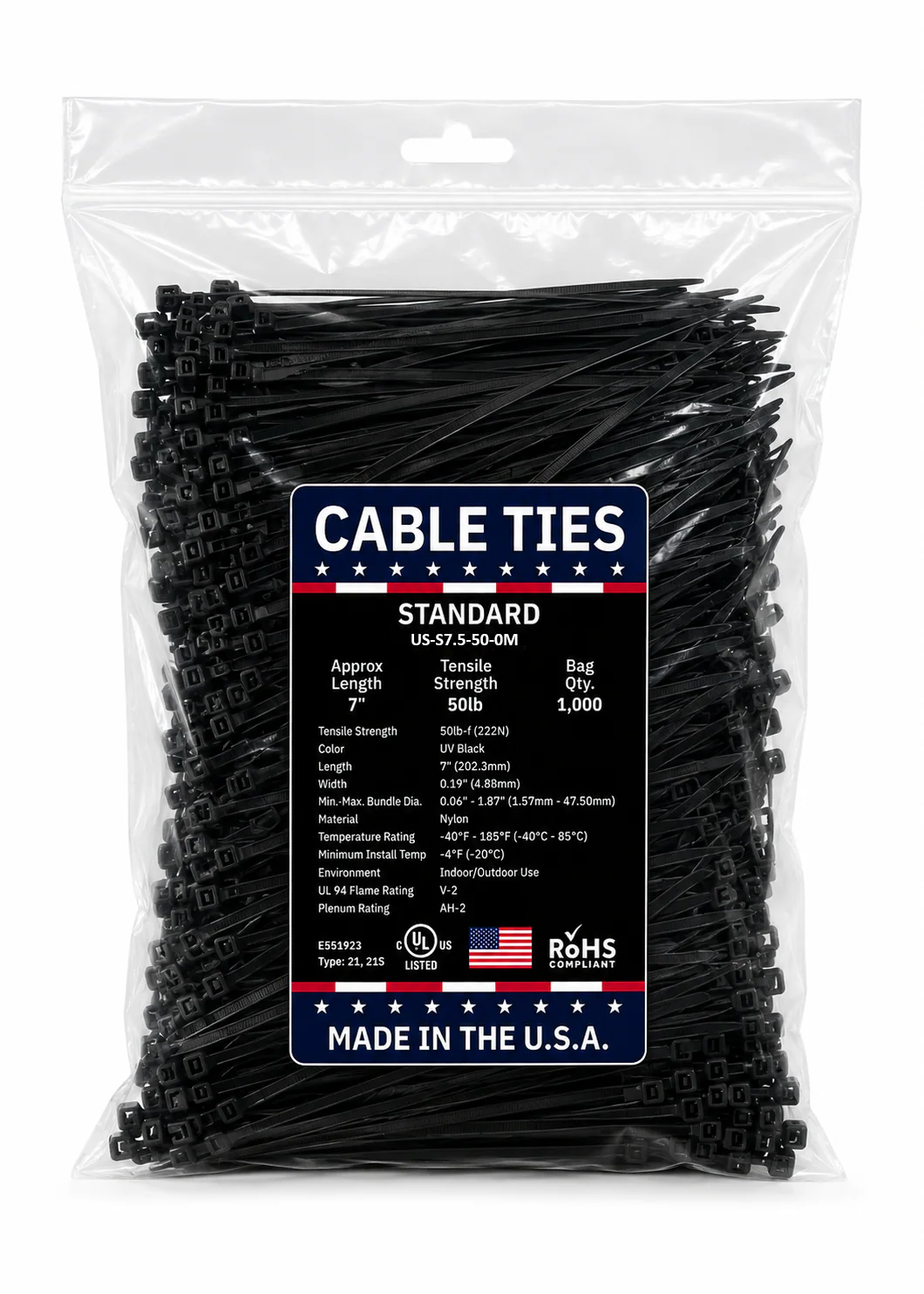7" 50Lbs UV Black Made in USA Cable Tie 100/Bag Part#US-S7.5-50-0M - Image 2