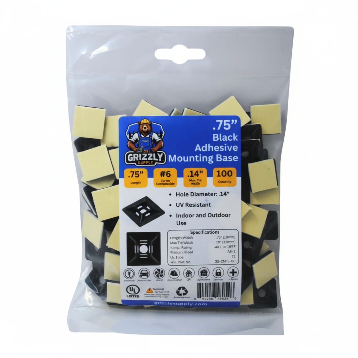 .75" Black 4-Way Adhesive Cable Mounts 100/bag - Image 2