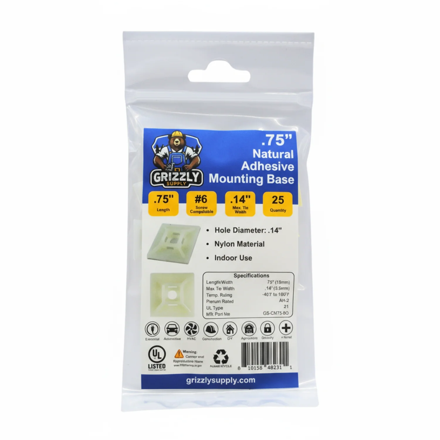 .75" Natural 4-Way Adhesive Cable Mounts 25/bag - Image 2